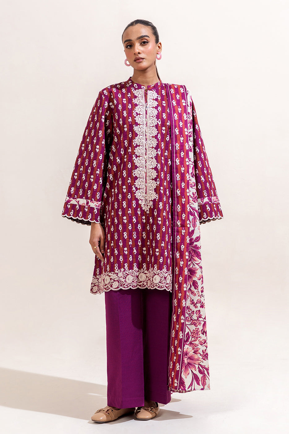3 Piece Embroidered Khaddar Suit - Raspberry Radiance (Unstitched)