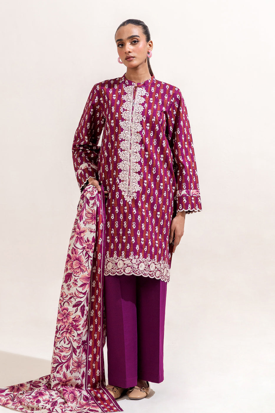 3 Piece Embroidered Khaddar Suit - Raspberry Radiance (Unstitched)