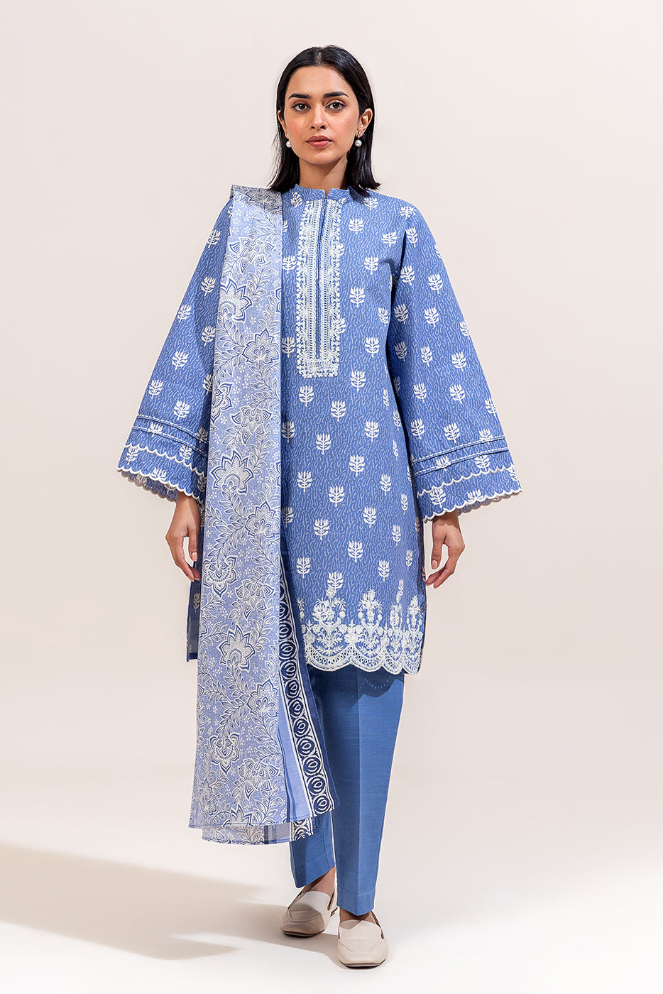 3 Piece Embroidered Khaddar Suit-Cerulean Musk (Unstitched)