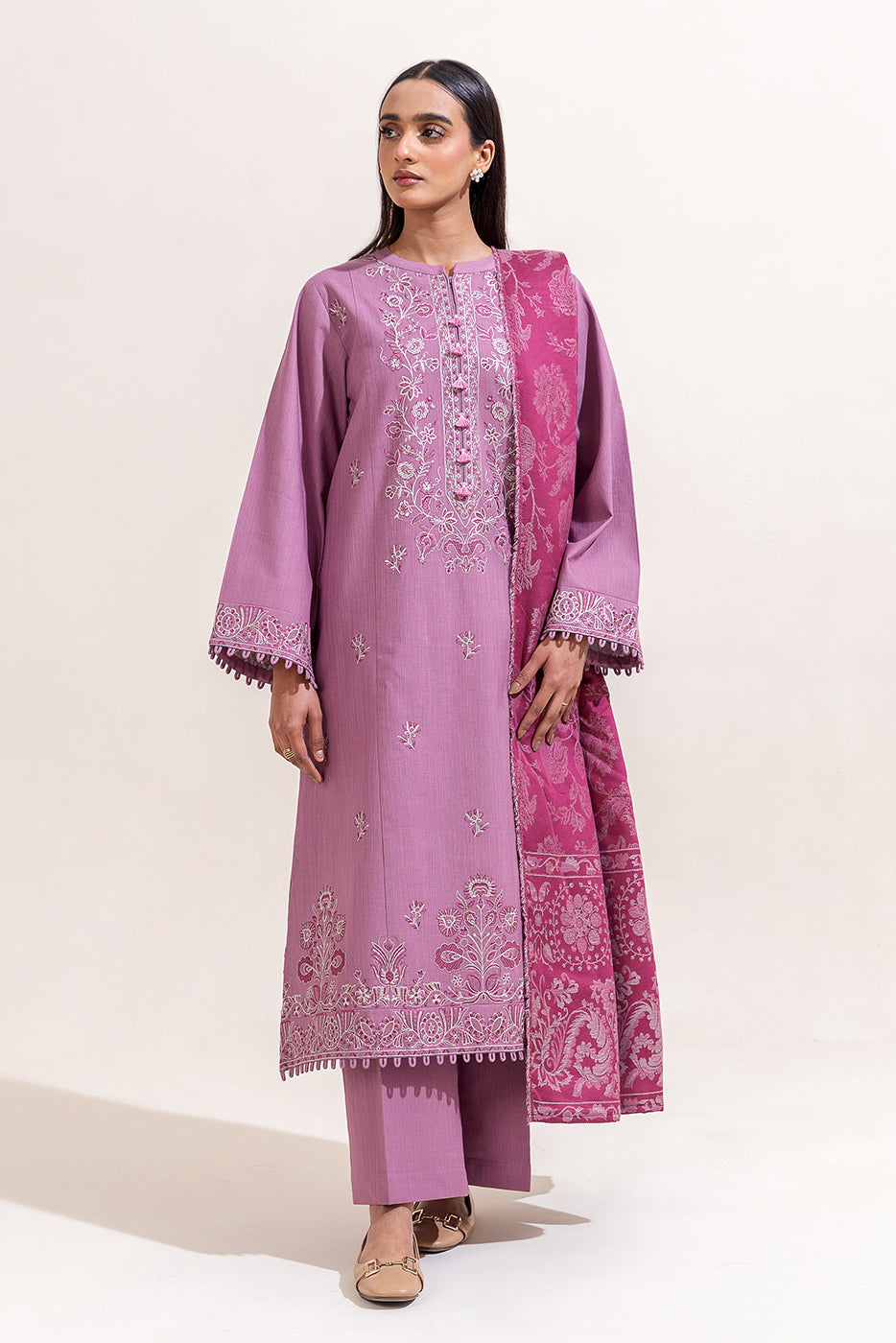 3 Piece Embroidered Khaddar Suit-Bleached Mauve (Unstitched)