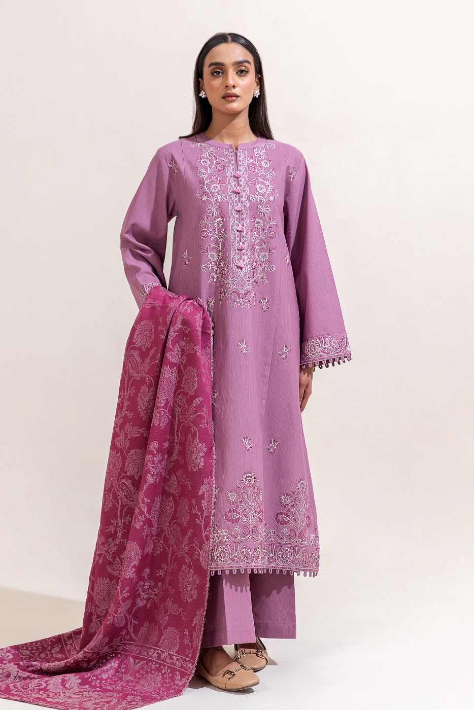 3 Piece Embroidered Khaddar Suit-Bleached Mauve (Unstitched)