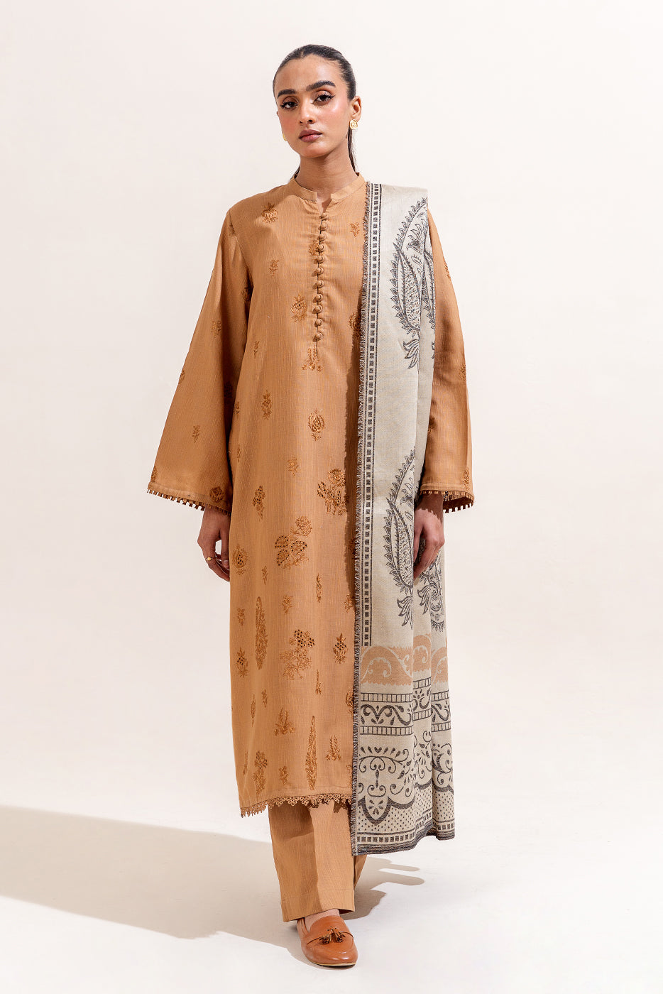 3 Piece Embroidered Khaddar Suit-Linen Blonde (Unstitched)