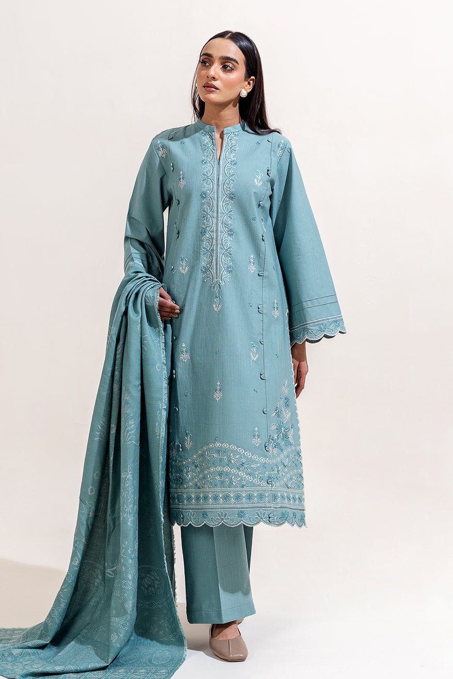3 Piece Embroidered Khaddar Suit-Silt Green (Unstitched)