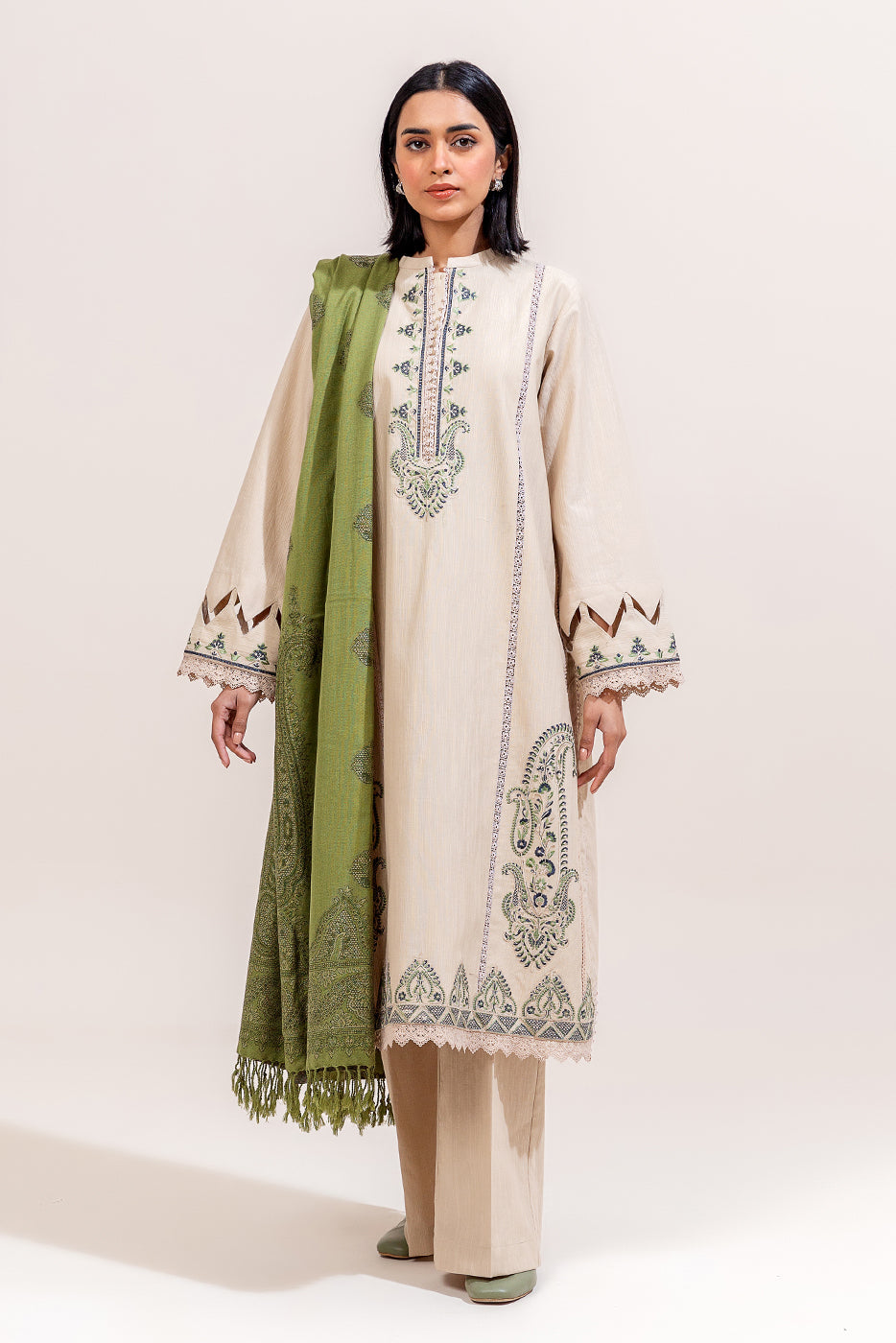 3 Piece Embroidered Khaddar Suit-Muted Teak (Unstitched)