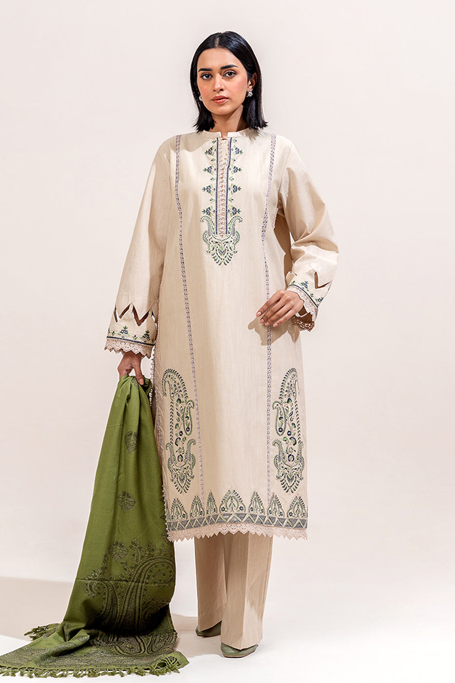 3 Piece Embroidered Khaddar Suit-Muted Teak (Unstitched)