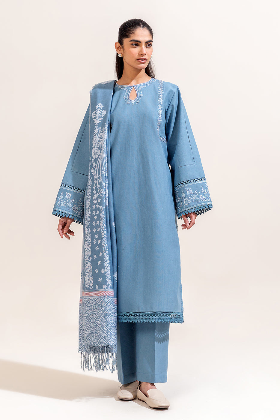 3 Piece Embroidered Khaddar Suit-Tender Blue (Unstitched)