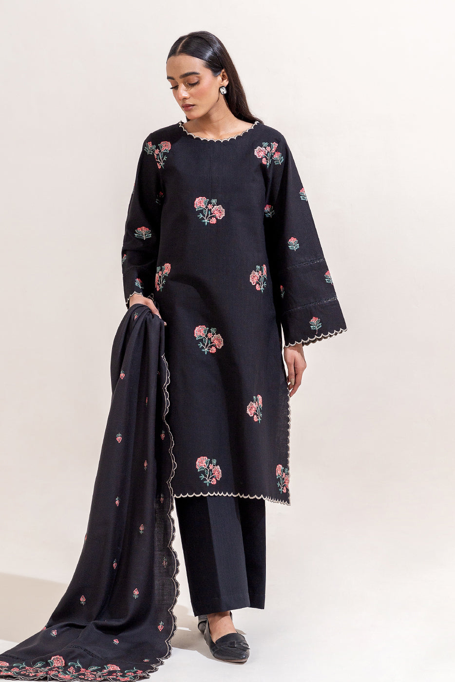 3 Piece Embroidered Khaddar Suit-Black Beauty (Unstitched)