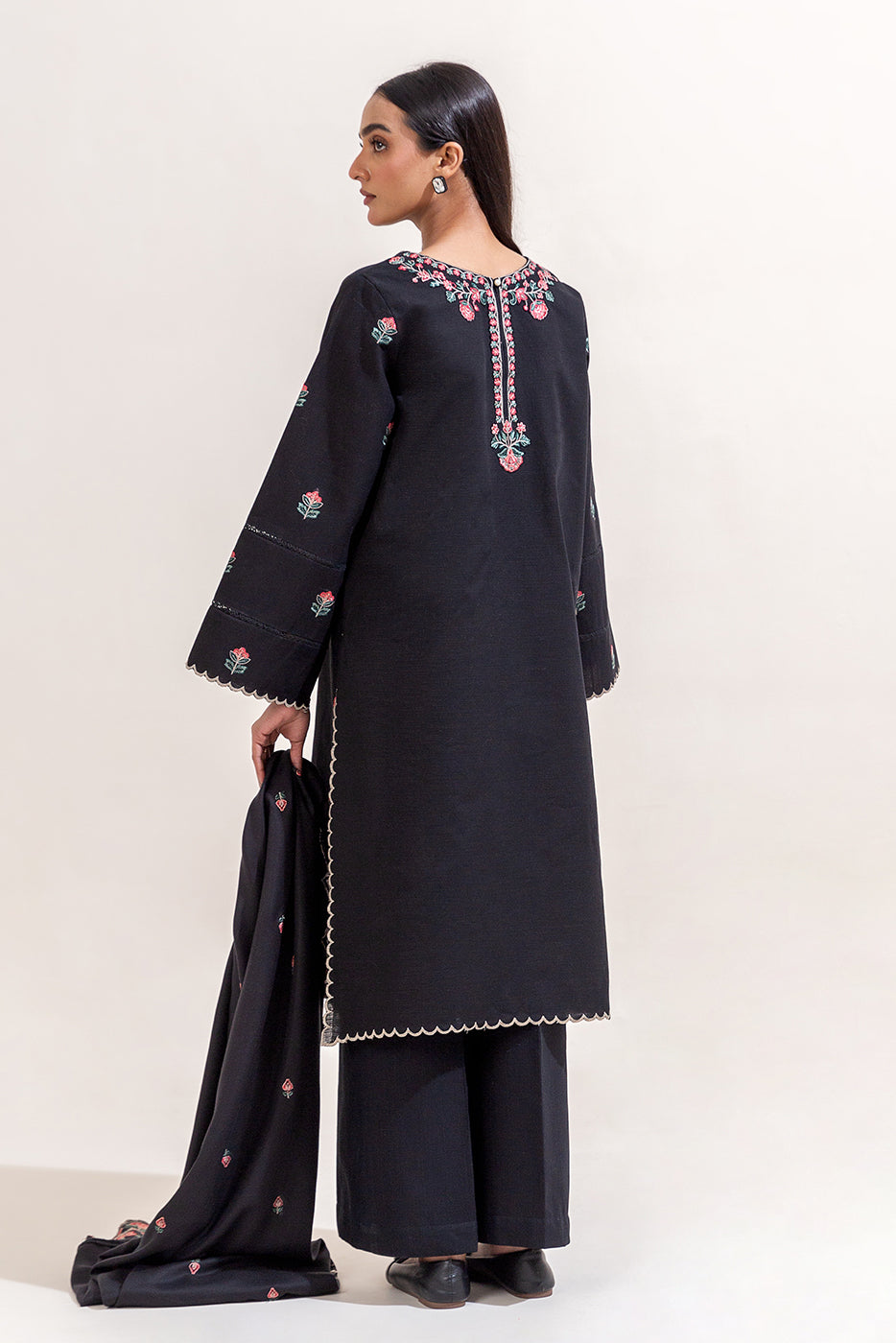 3 Piece Embroidered Khaddar Suit-Black Beauty (Unstitched)