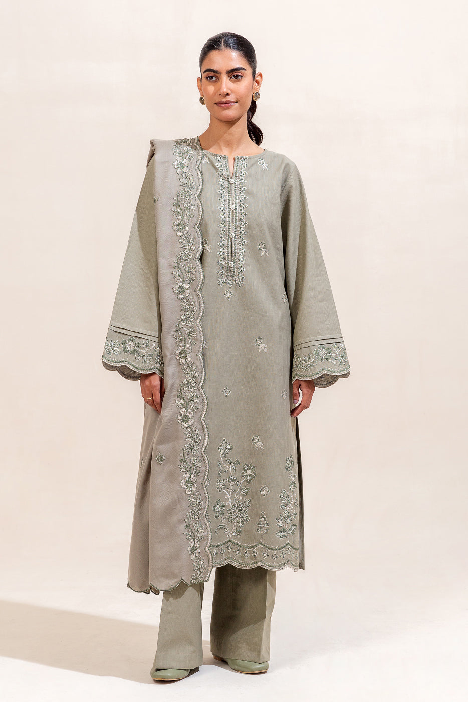 3 Piece Embroidered Khaddar Suit-Olive Desire (Unstitched)