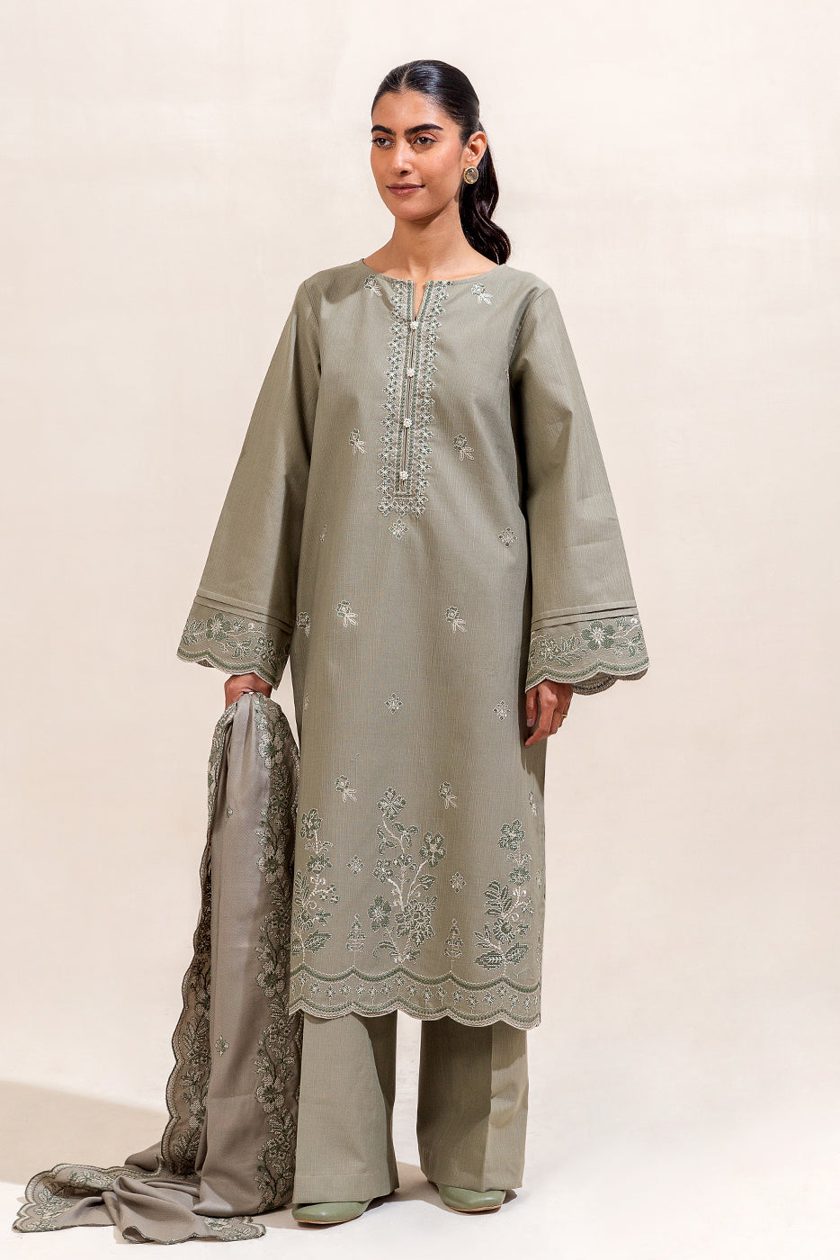 3 Piece Embroidered Khaddar Suit-Olive Desire (Unstitched)
