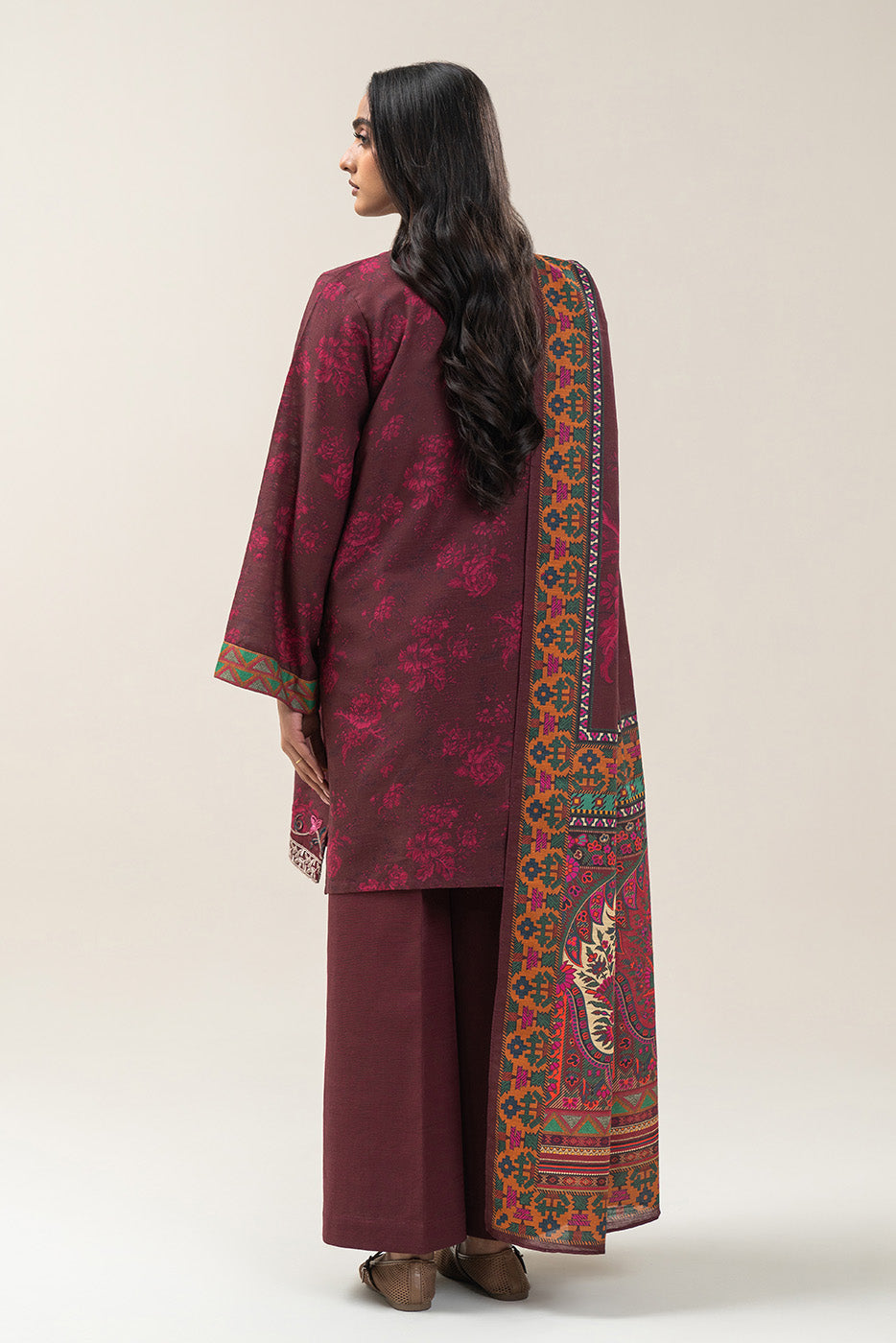 3 Piece Embroidered Slub Khaddar Suit-Burnt Maroon (Unstitched)