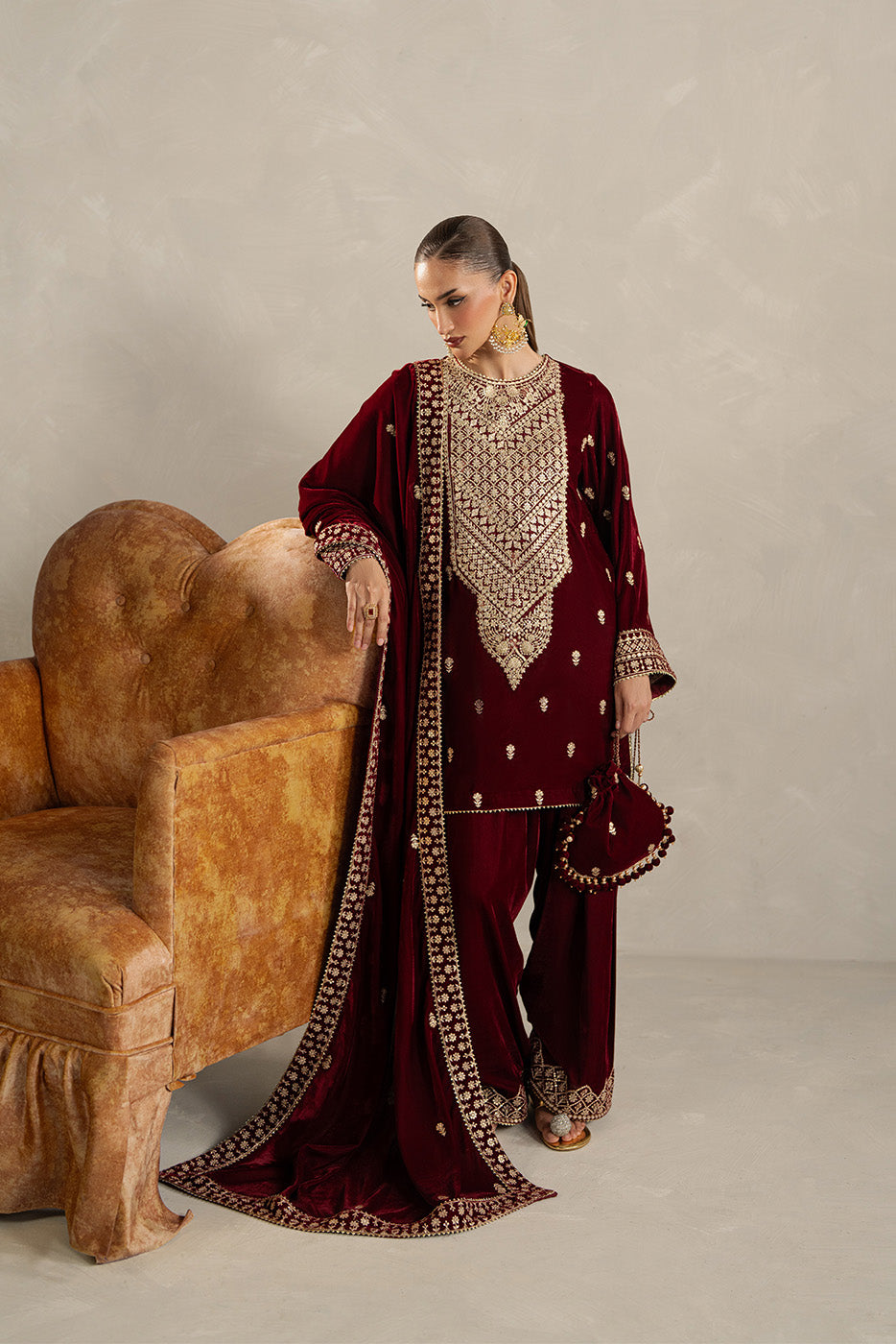 3 PIECE EMBROIDERED VELVET SUIT-GARNET BLISS (UNSTITCHED)BT22501UN006512-RED-2000000297377-3PC