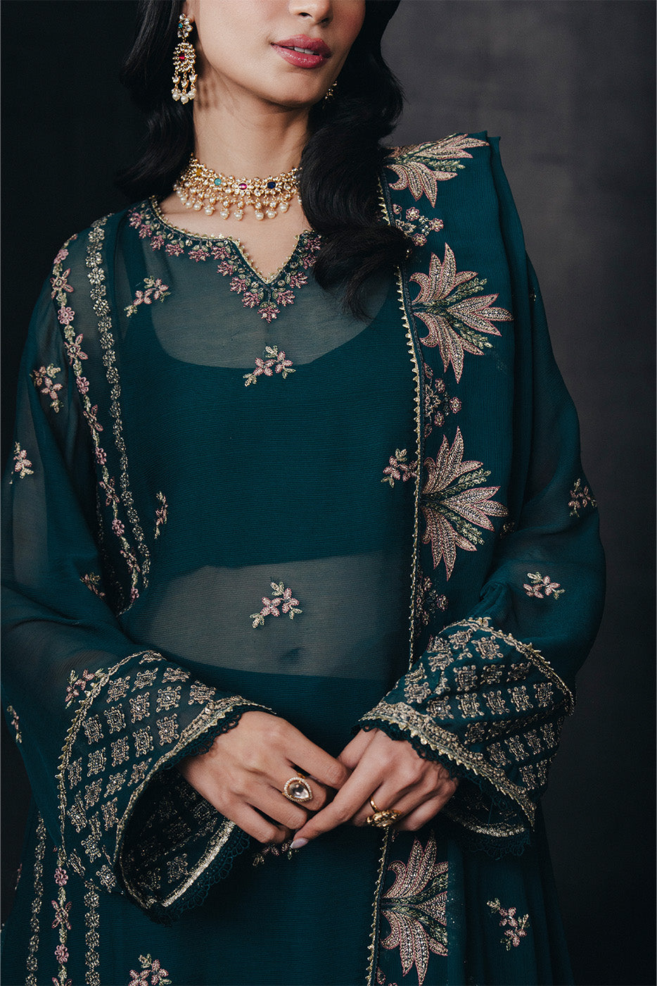 4 Piece Embroidered Chiffon Suit-Sapphire Whisper (Unstitched)