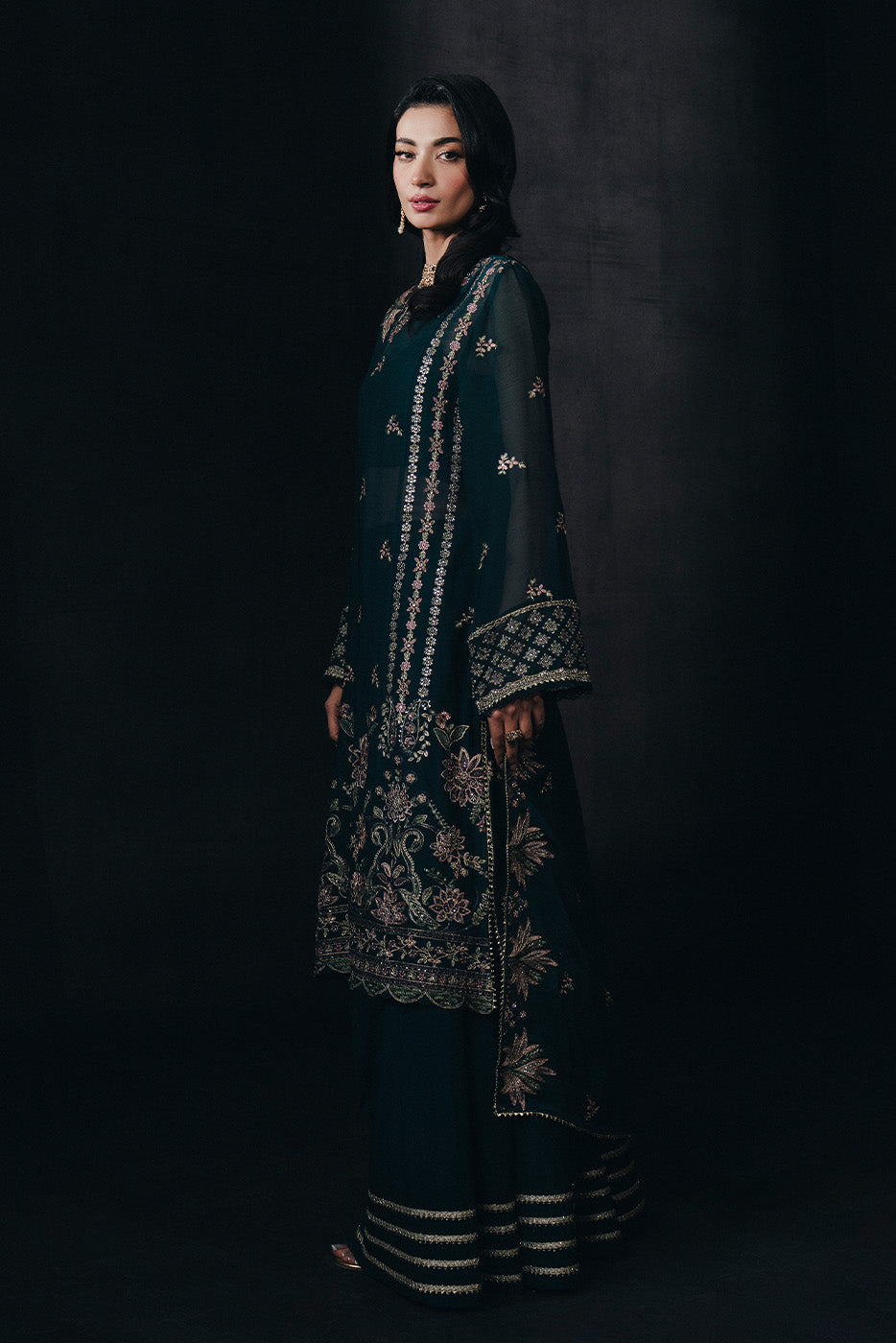 4 Piece Embroidered Chiffon Suit-Sapphire Whisper (Unstitched)