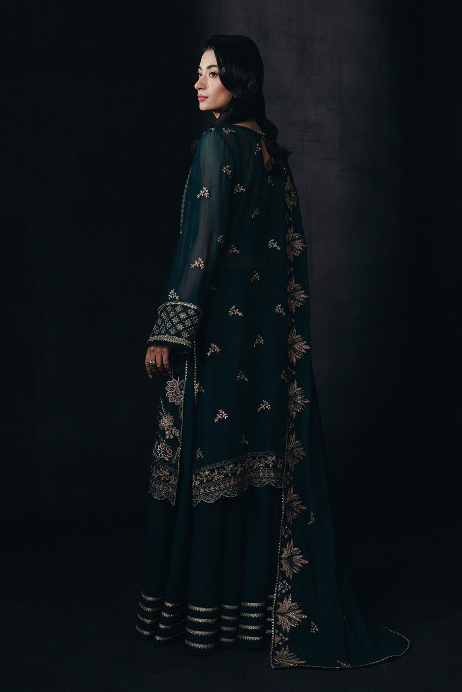 4 Piece Embroidered Chiffon Suit-Sapphire Whisper (Unstitched)