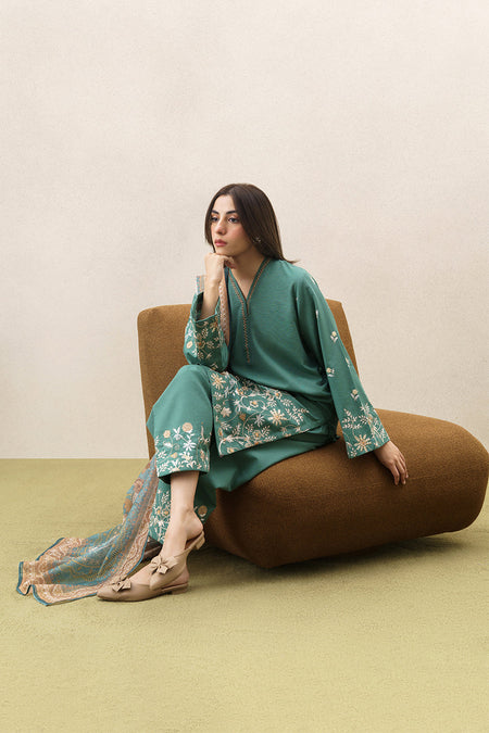 3 PIECE EMBROIDERED SLUB KHADDAR SUIT (PRET)