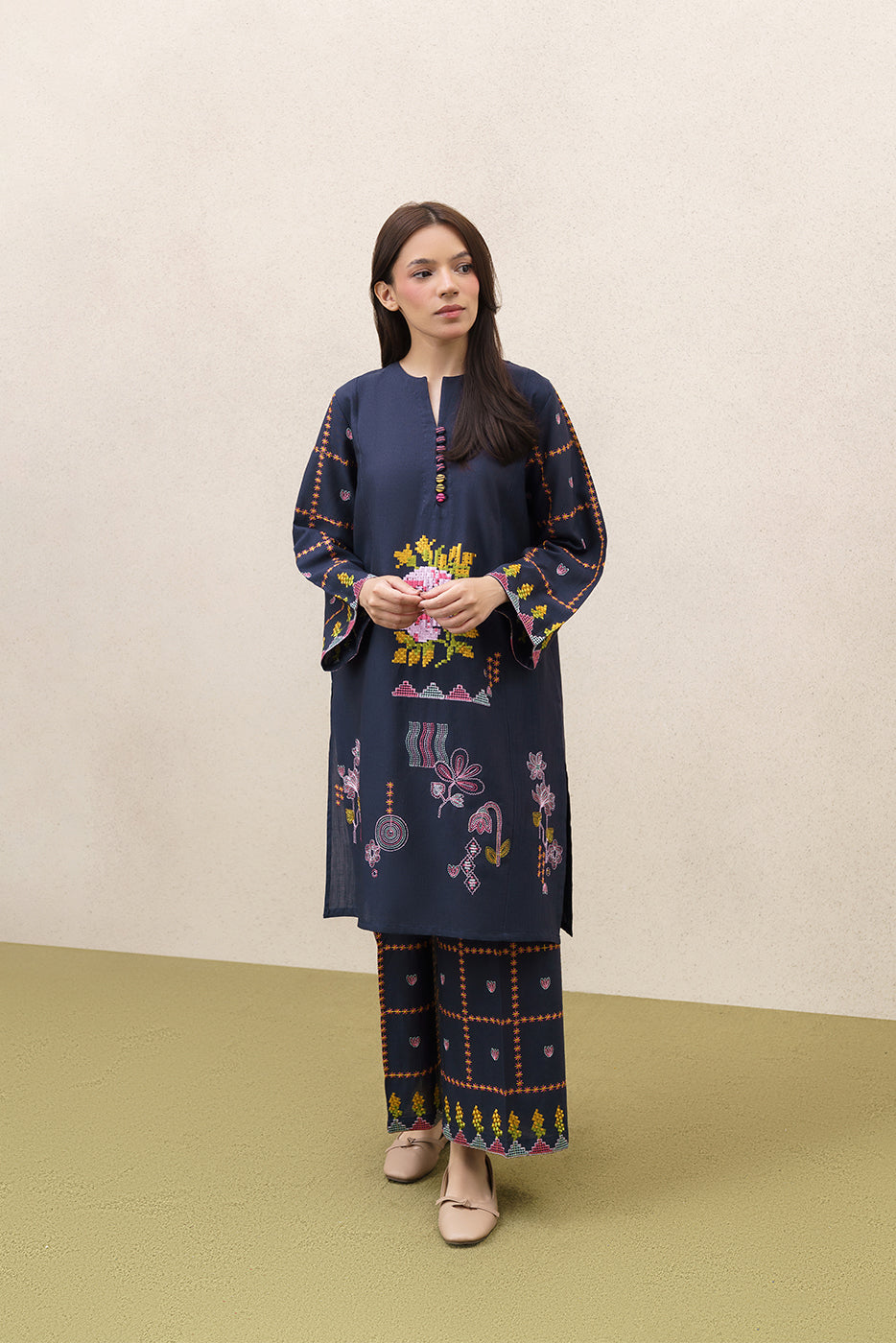 2 PIECE EMBROIDERED SLUB KHADDAR SUIT (PRET)