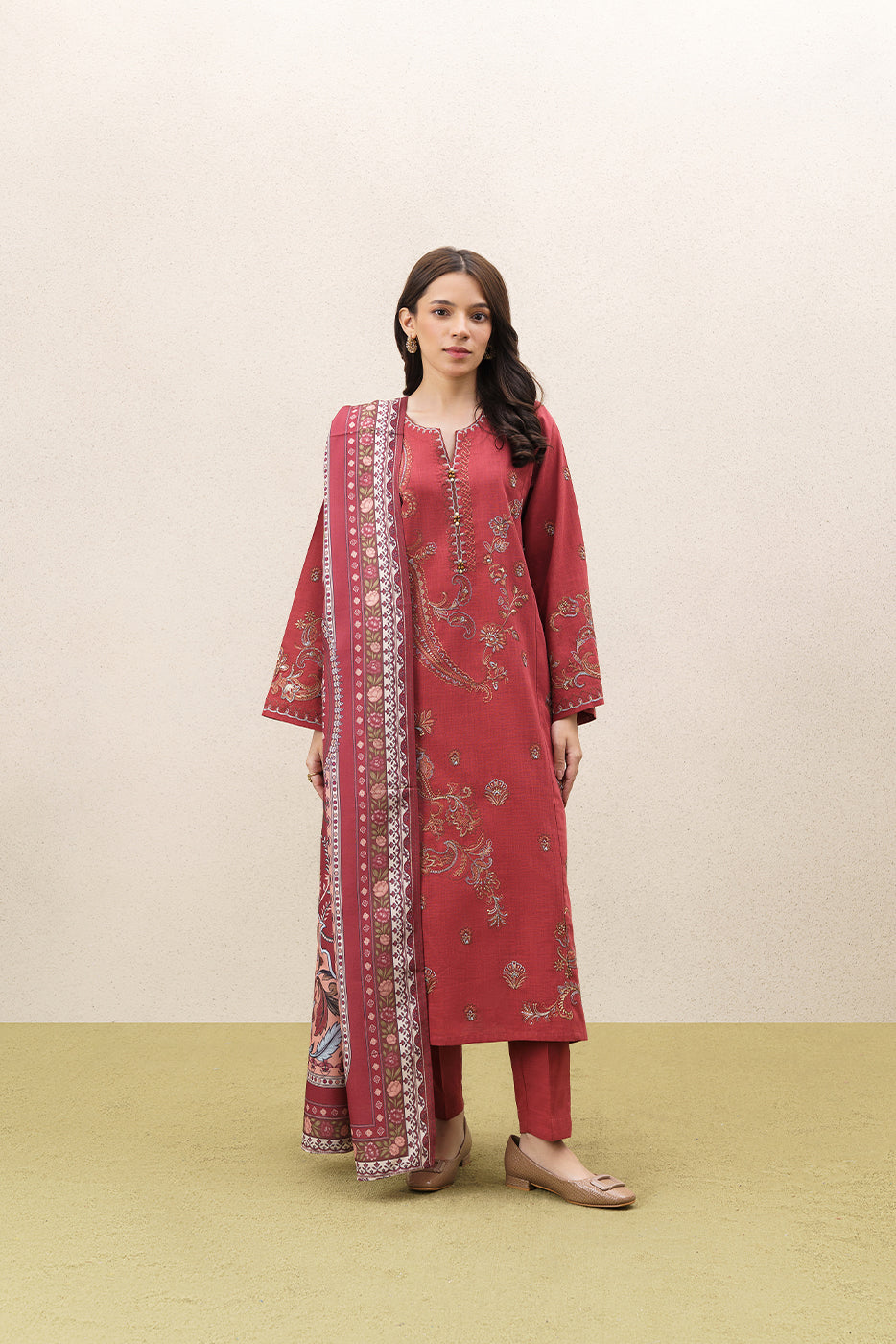 3 PIECE EMBROIDERED SLUB SUIT (PRET) - BT2260001PR0108-RUST-183977-8