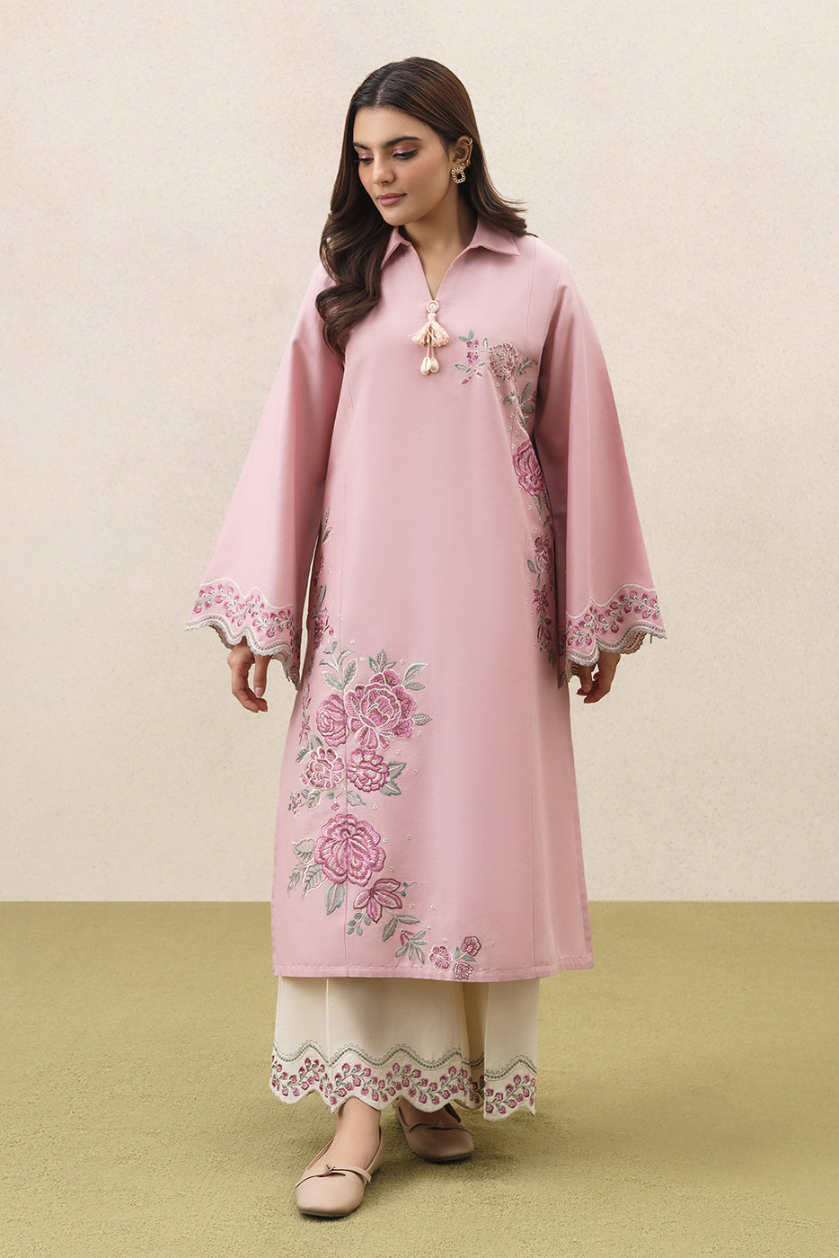 2 PIECE EMBROIDERED KHADDAR SUIT-VINTAGE ROSE (UNSTITCHED)