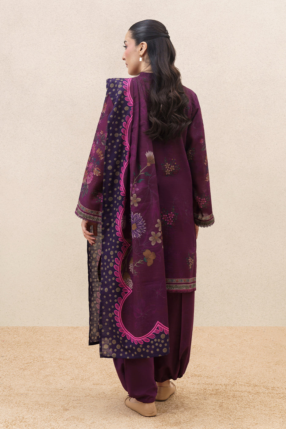 3 PIECE PRINTED SLUB KHADDAR SUIT-PLUM FLORET ( UNSTITCHED )