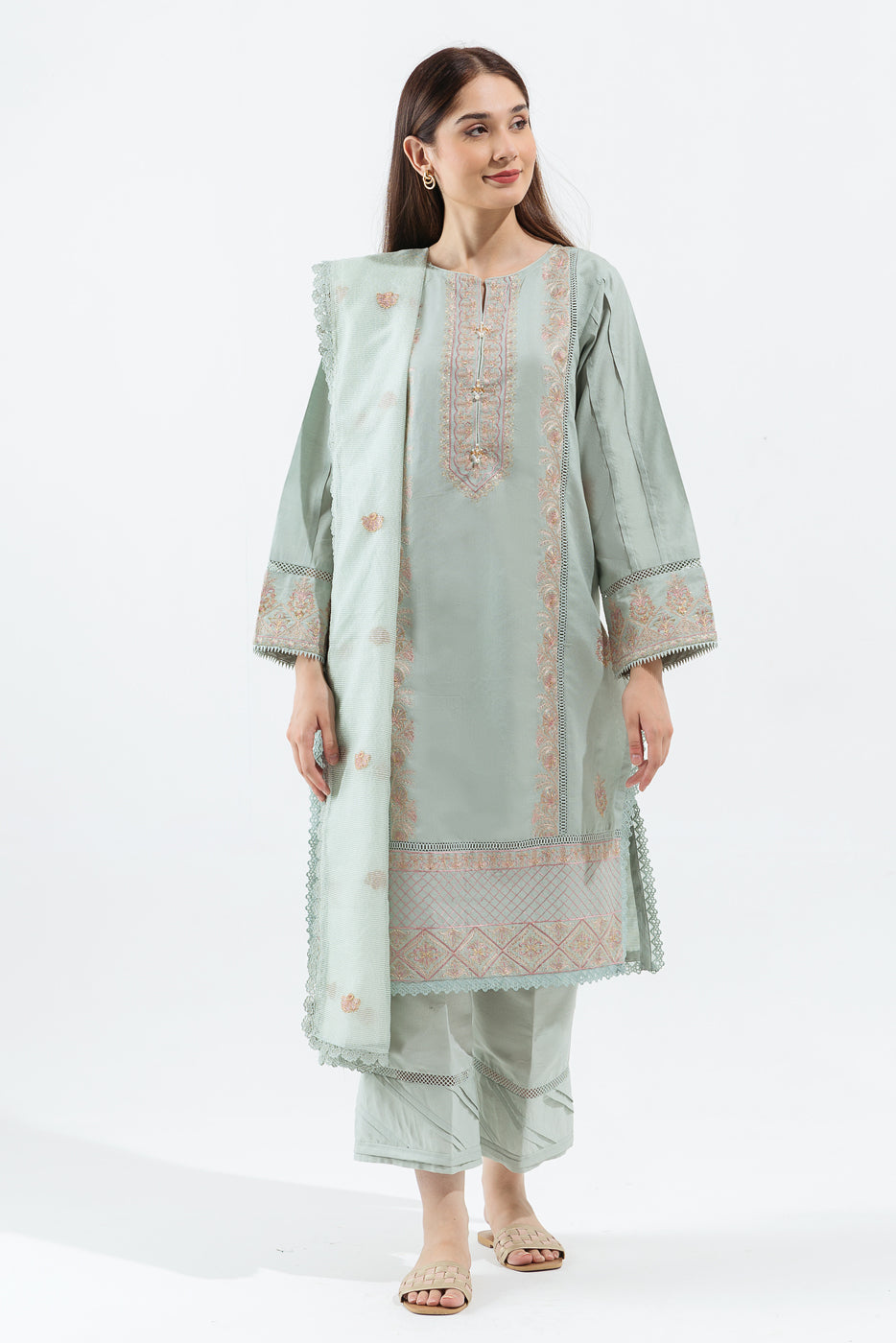 3 Piece - Embroidered Raw Silk Suit - Misty Dew