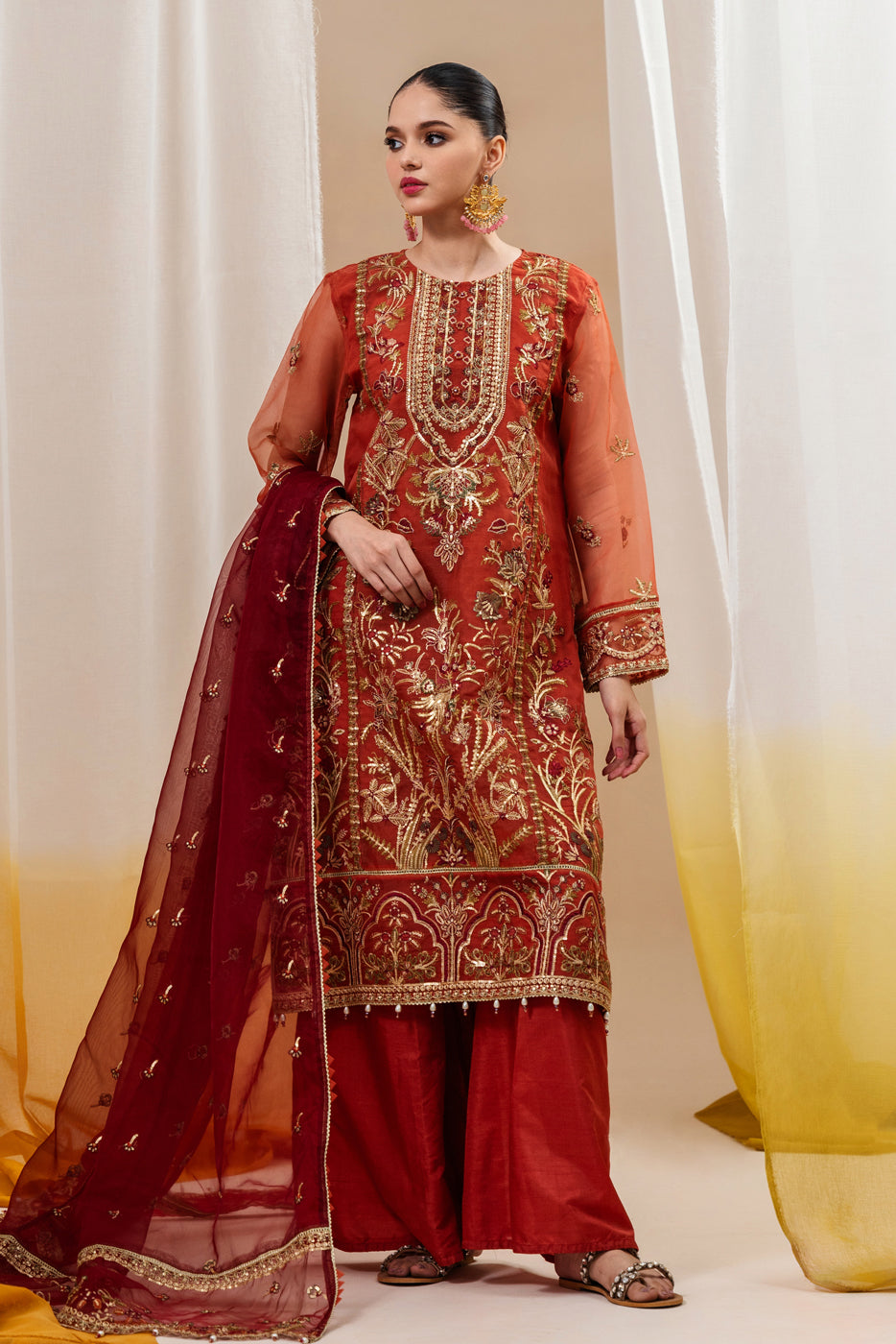 4 Piece Embroidered Organza Suit-Tangerine Rouge (Unstitched)