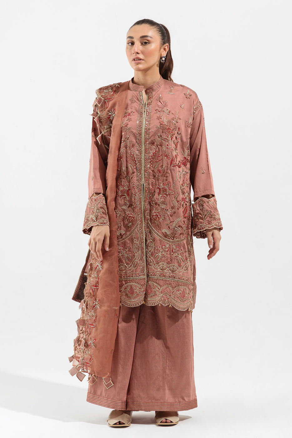 3 Piece - Embroidered Organza Suit - Wild Orchid