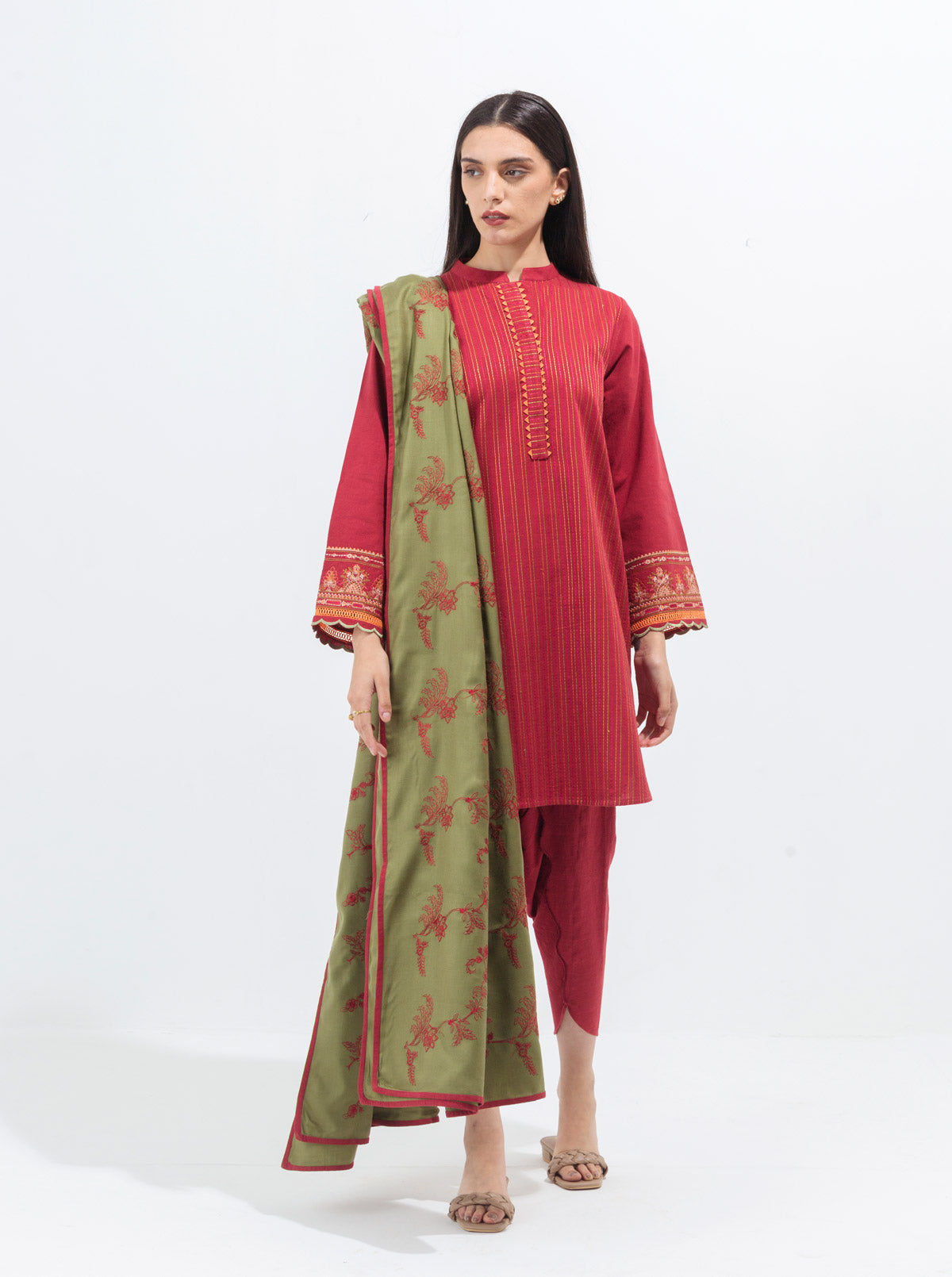Crimson Rouge-Embroidered With Shawl-3P (Unstitched)
