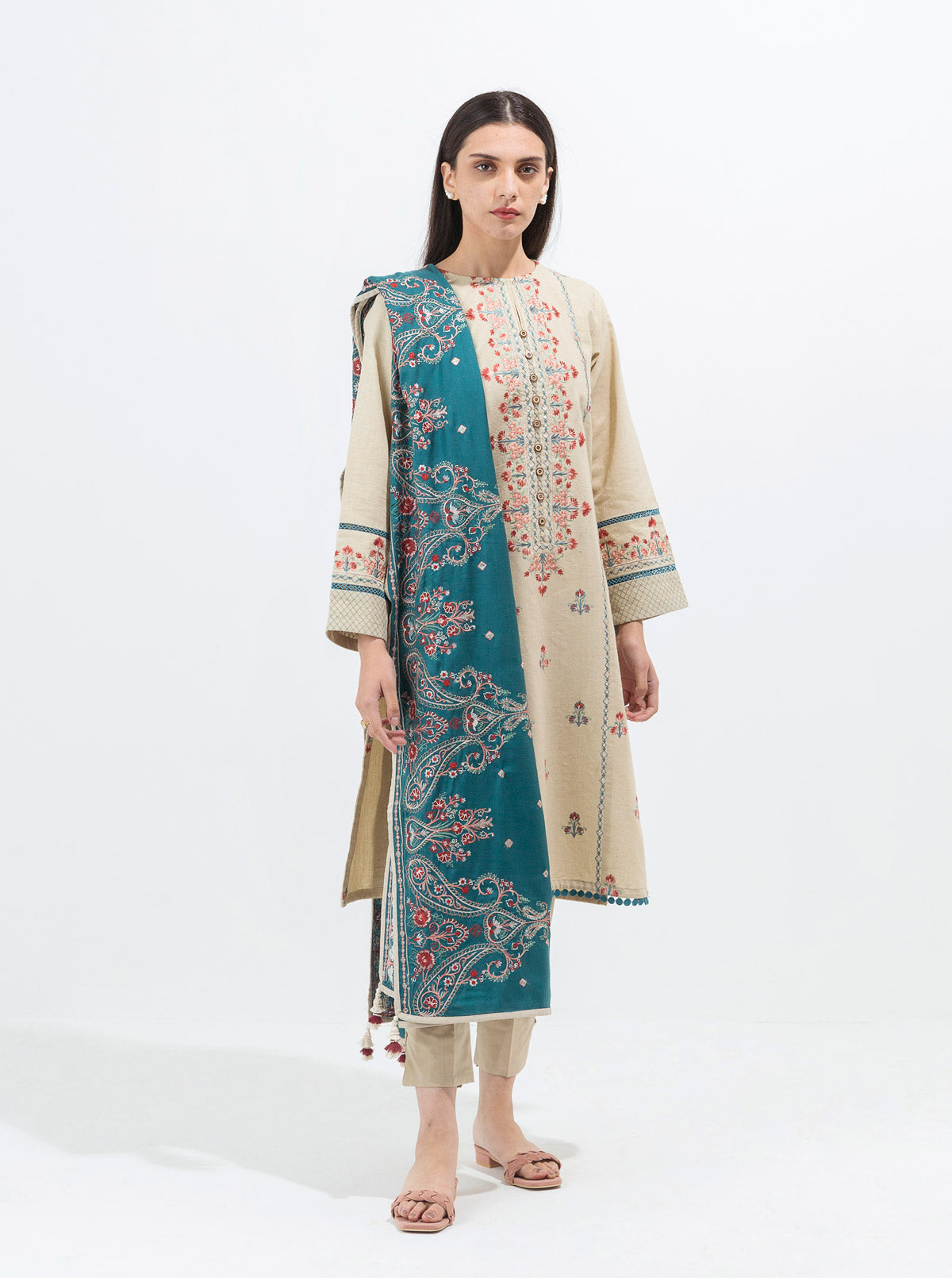 Beige Mist-Embroidered With Shawl-3P (Unstitched)