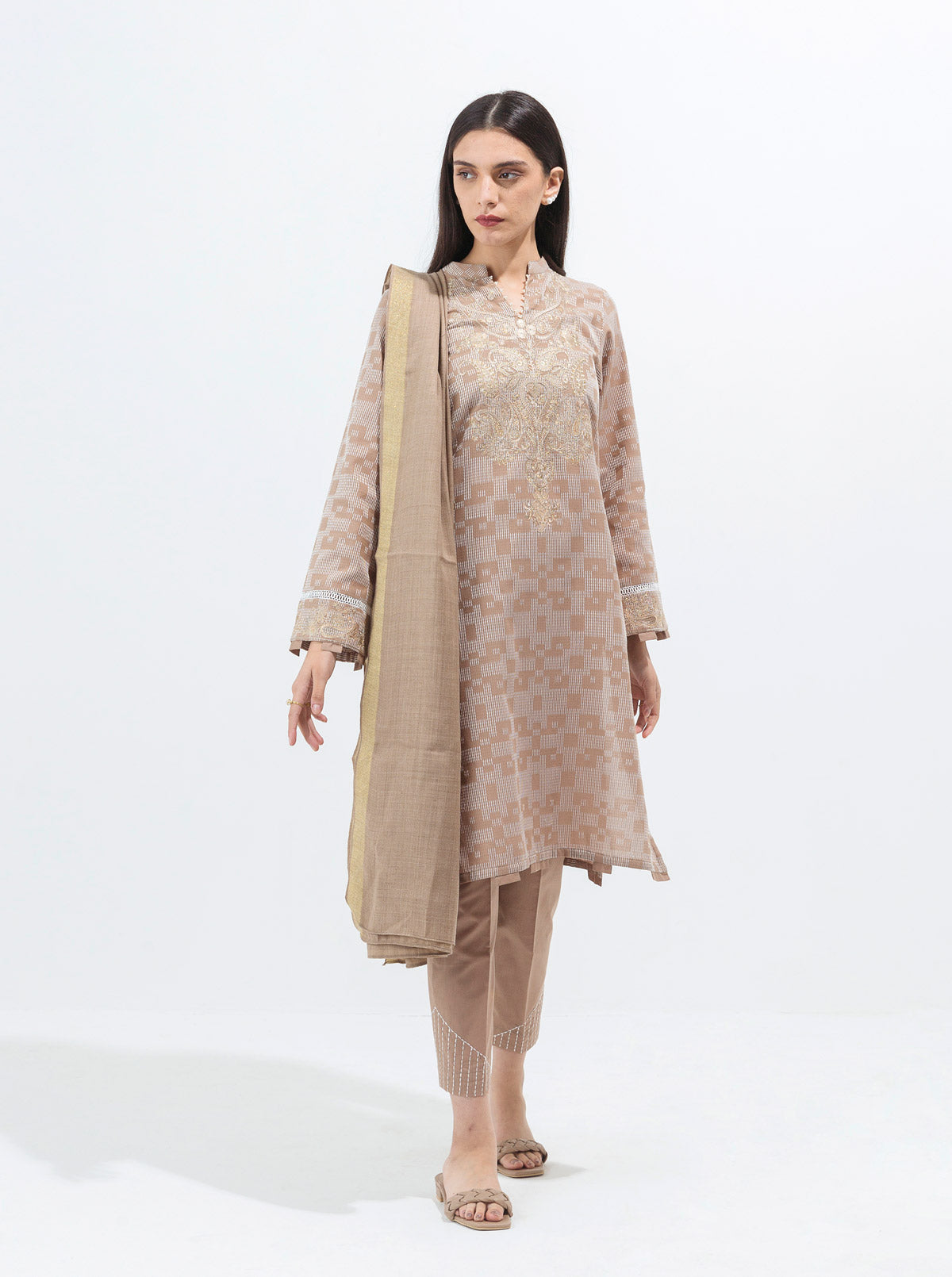 Ivory Dust-Embroidered With Shawl-3P (Unstitched)