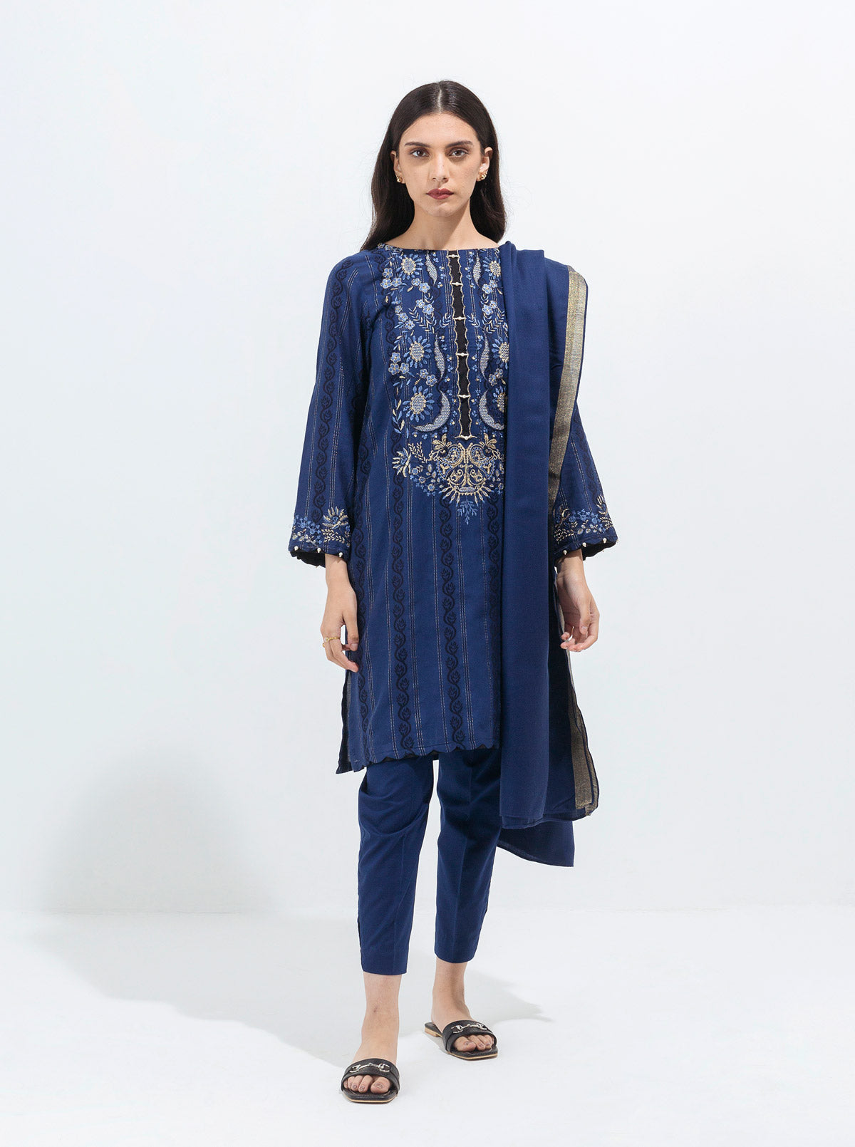 Azur Glow-Embroidered With Shawl-3P (Unstitched)
