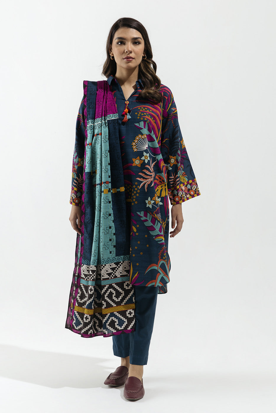 2 Piece - Printed Khaddar Suit - Tropical Floss