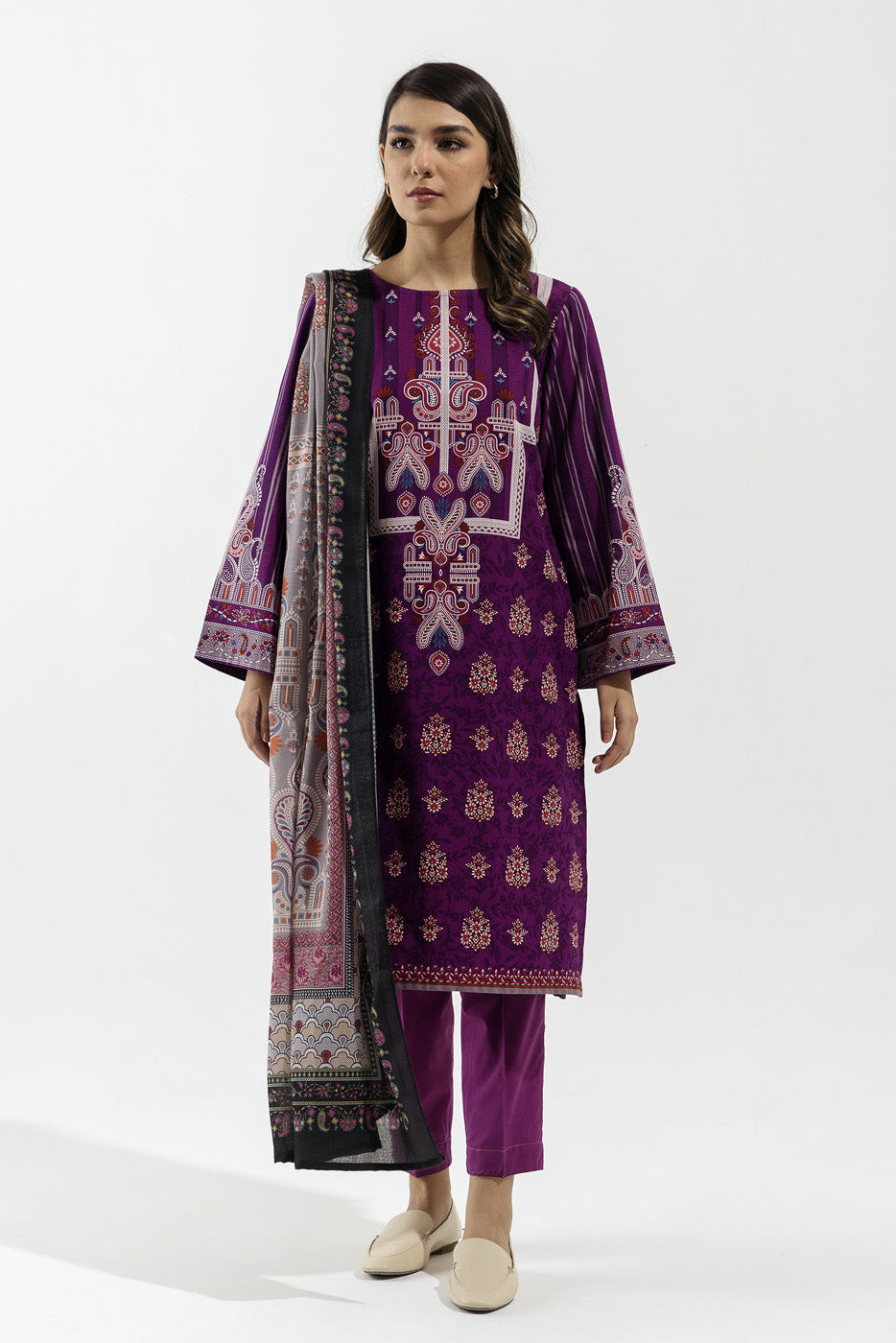 3 Piece - Printed With Shawl Khaddar Suit - After Glow Plum (Unstitched)