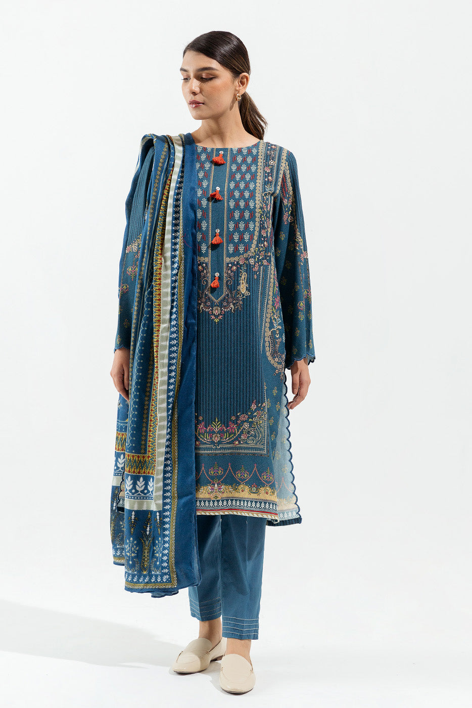 3 Piece - Printed With Shawl Karandi Suit - Ethnic Jewel