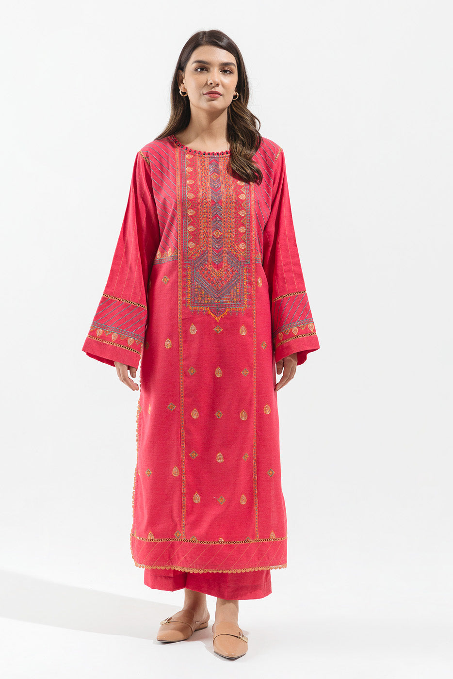 2 Piece - Embroidered Khaddar Suit - Cranberry Pink (Unstitched)