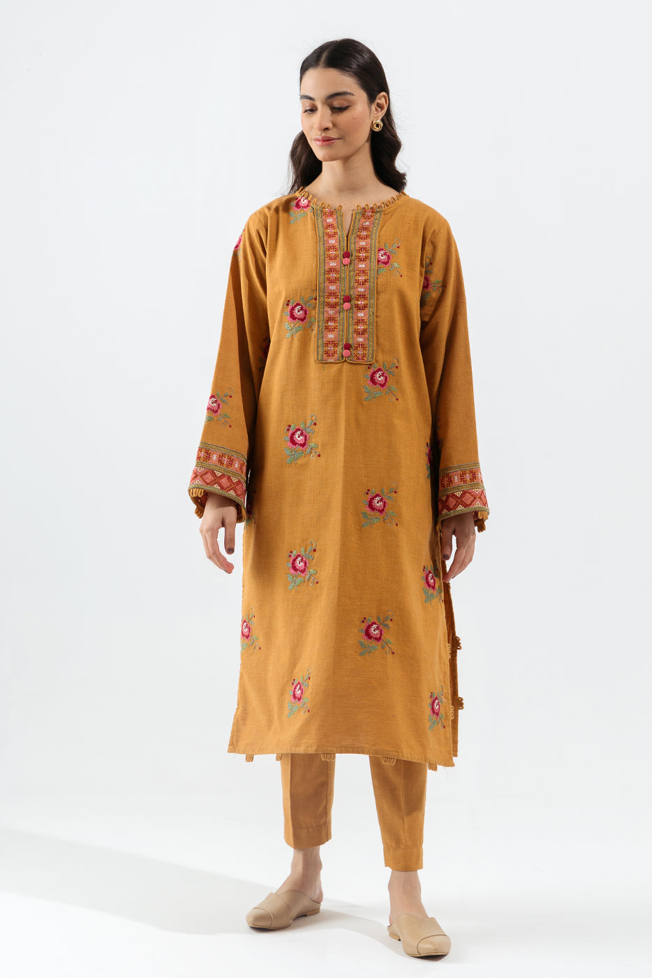 2 Piece - Embroidered Khaddar Suit - Alluring Mustard