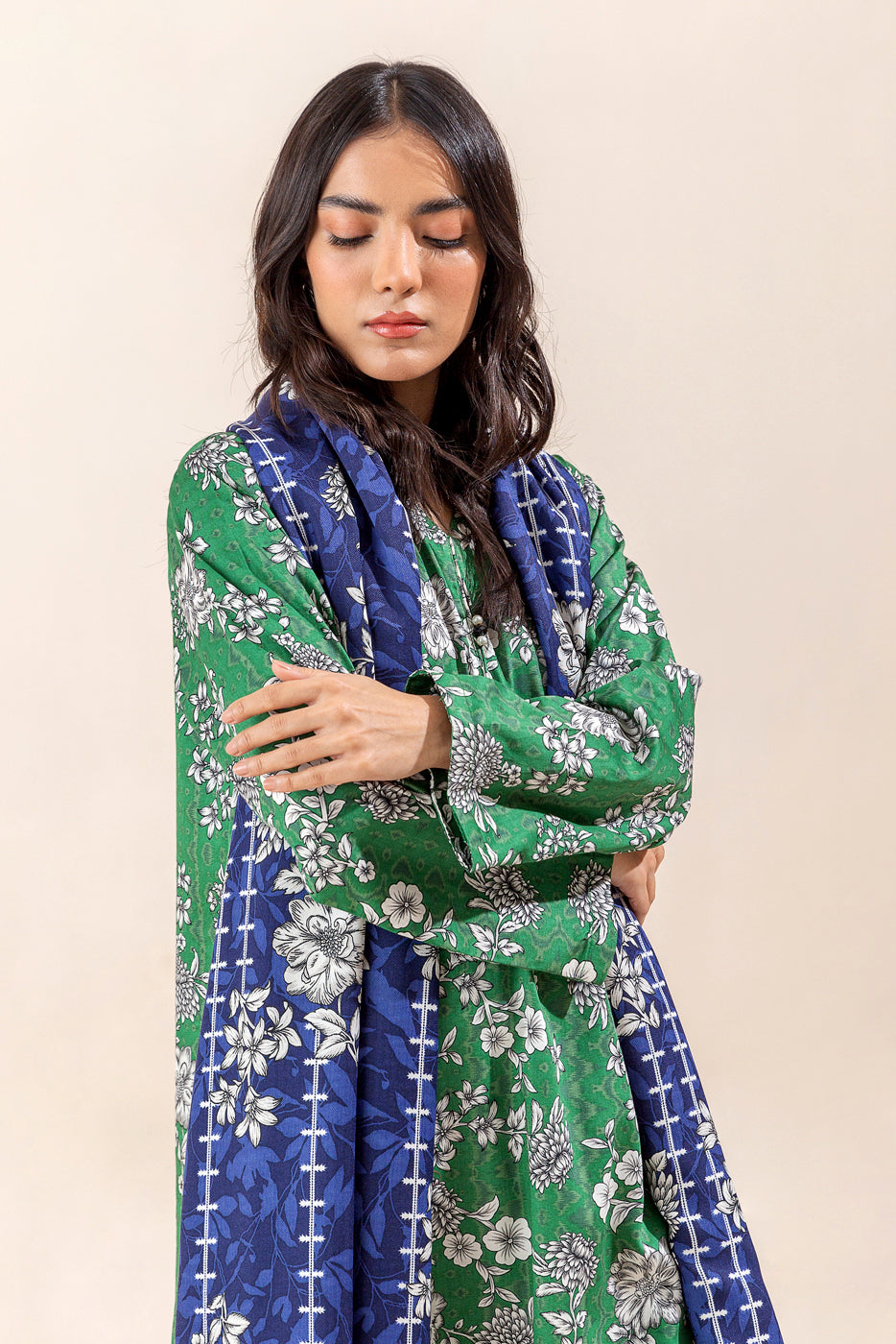 3 Piece - Printed Cotton Satin Suit With Printed Shawl - Meadow Green (Unstitched)
