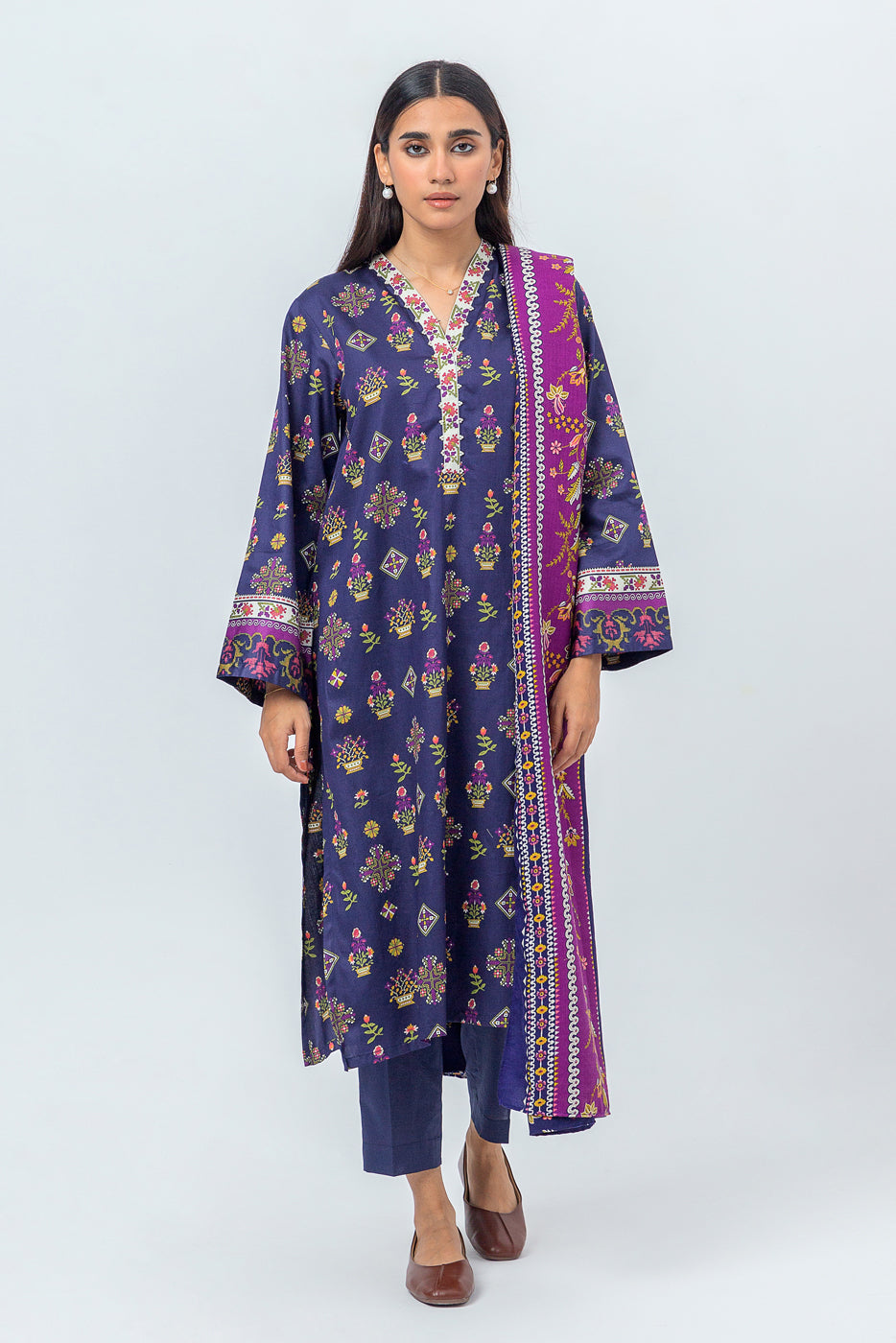 3 Piece - Printed Cotton Satin Suit With Printed Shawl - Purple Profuse (Unstitched)