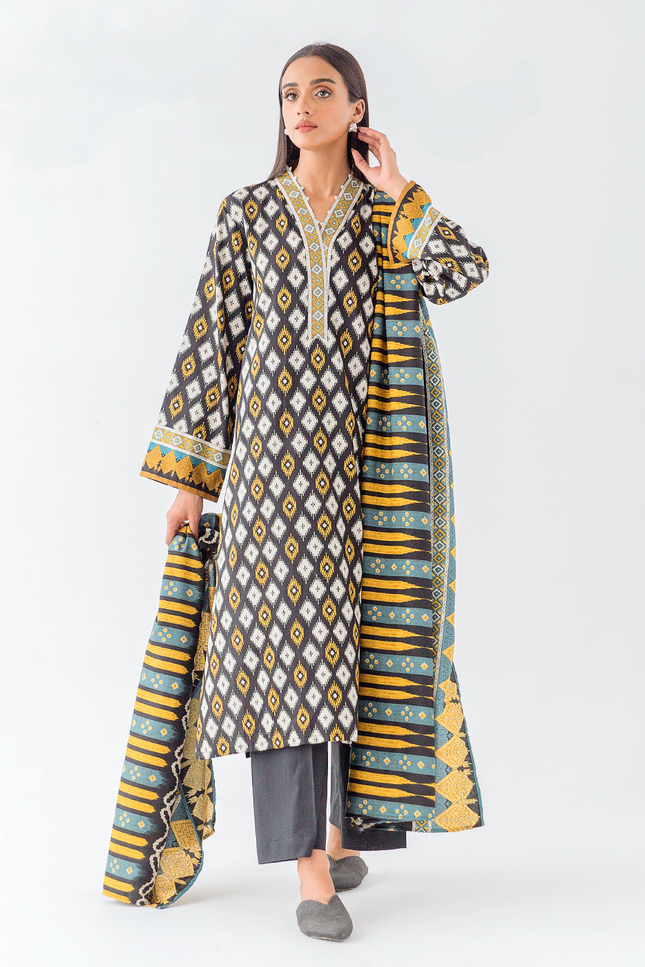 3 Piece - Printed Cotton Satin Suit With Printed Shawl - Exuberant Ikat (Unstitched)