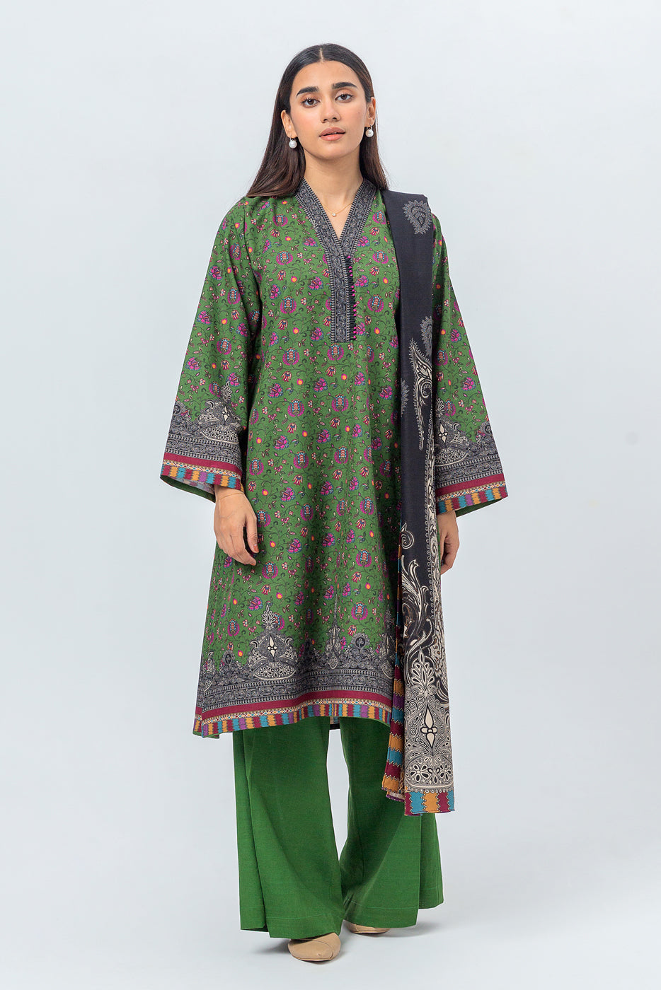 3 Piece - Printed Khaddar Suit - Paradise Green (Unstitched)