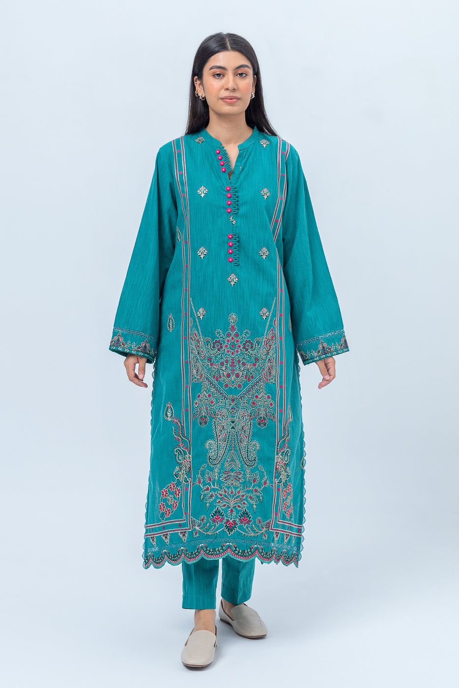 2 Piece - Embroidered Khaddar Suit - Viridian Teal (Unstitched)