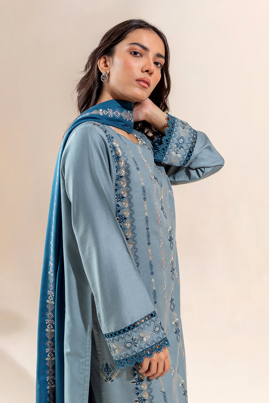 3 Piece - Embroidered Cotton Satin Suit - Dusty Sky (Unstitched)