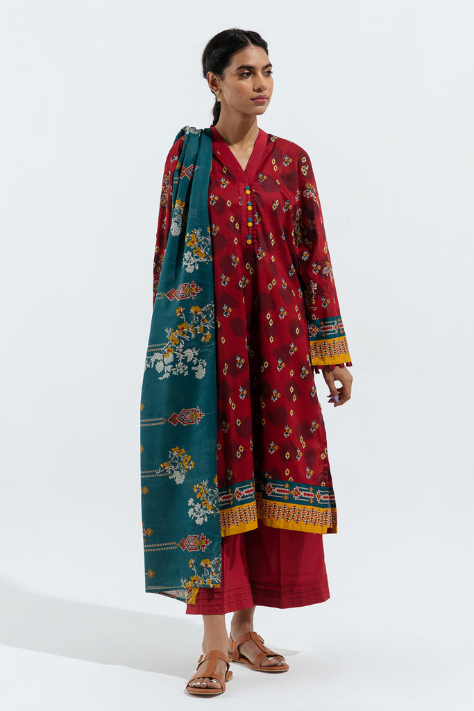 3 Piece - Printed Lawn Suit - Quartz Red