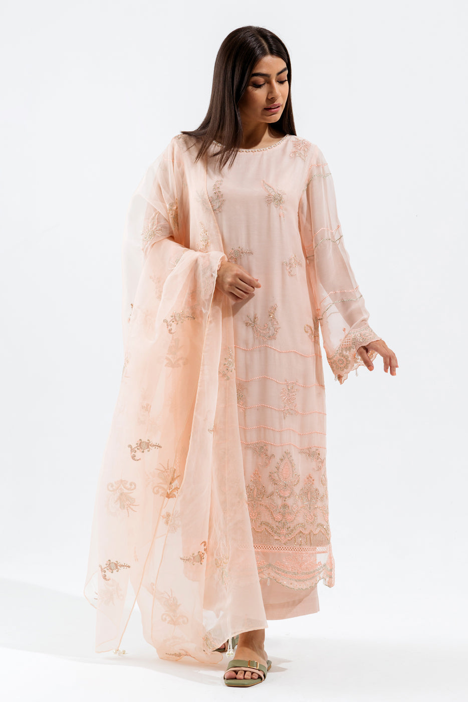 4 Piece - Embroidered Chiffon Suit - Pastel Whisper (Unstitched)