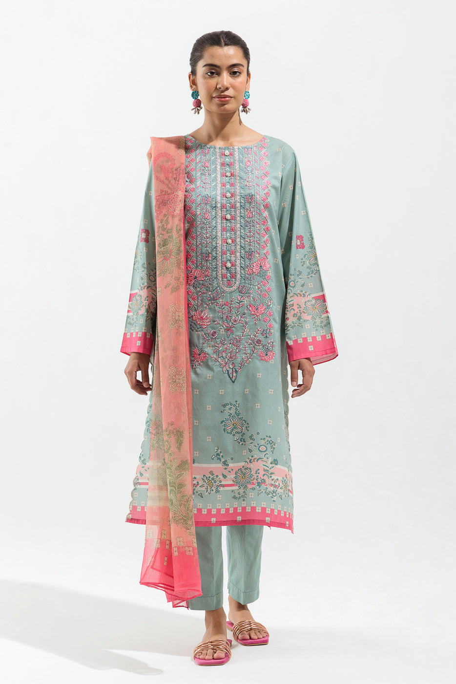 2 Piece - Embroidered Lawn Suit - Bloomy Iceberg