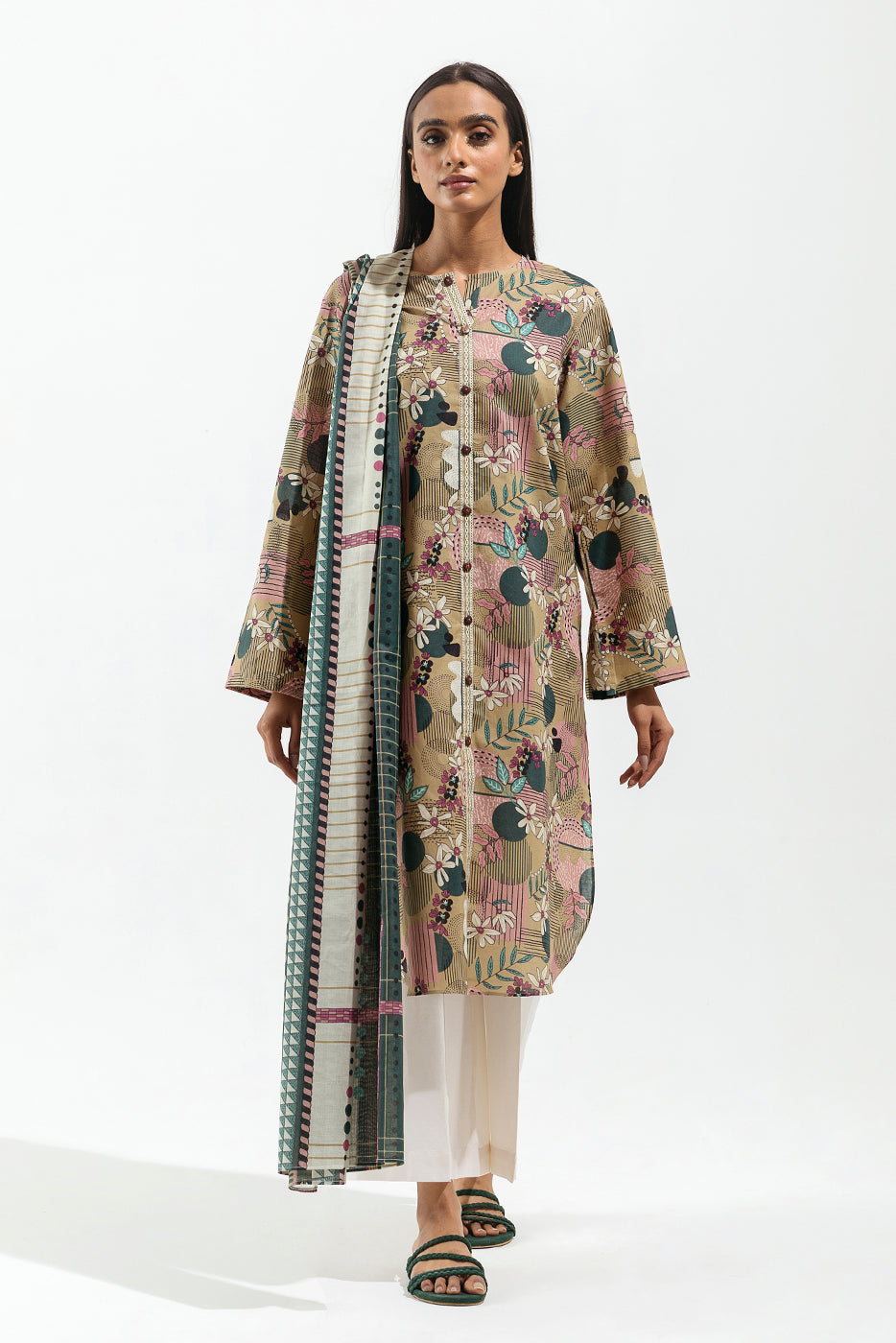 2 Piece - Printed Lawn Suit - Olive Weft