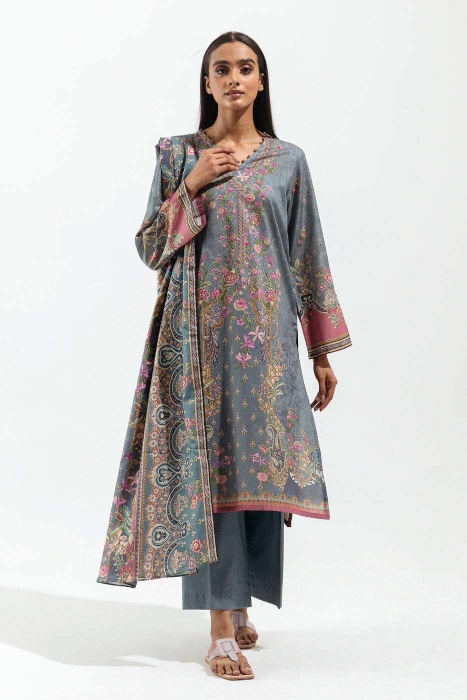 3 Piece - Printed Lawn Suit - Pebble Gloom