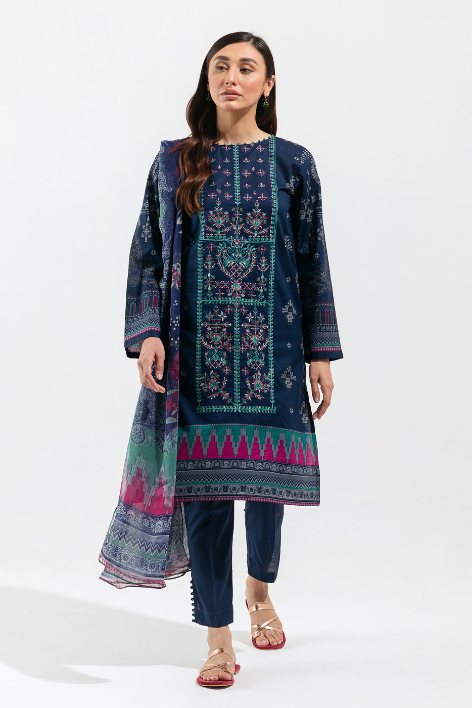 2 Piece - Embroidered Lawn Suit - Navy Knit