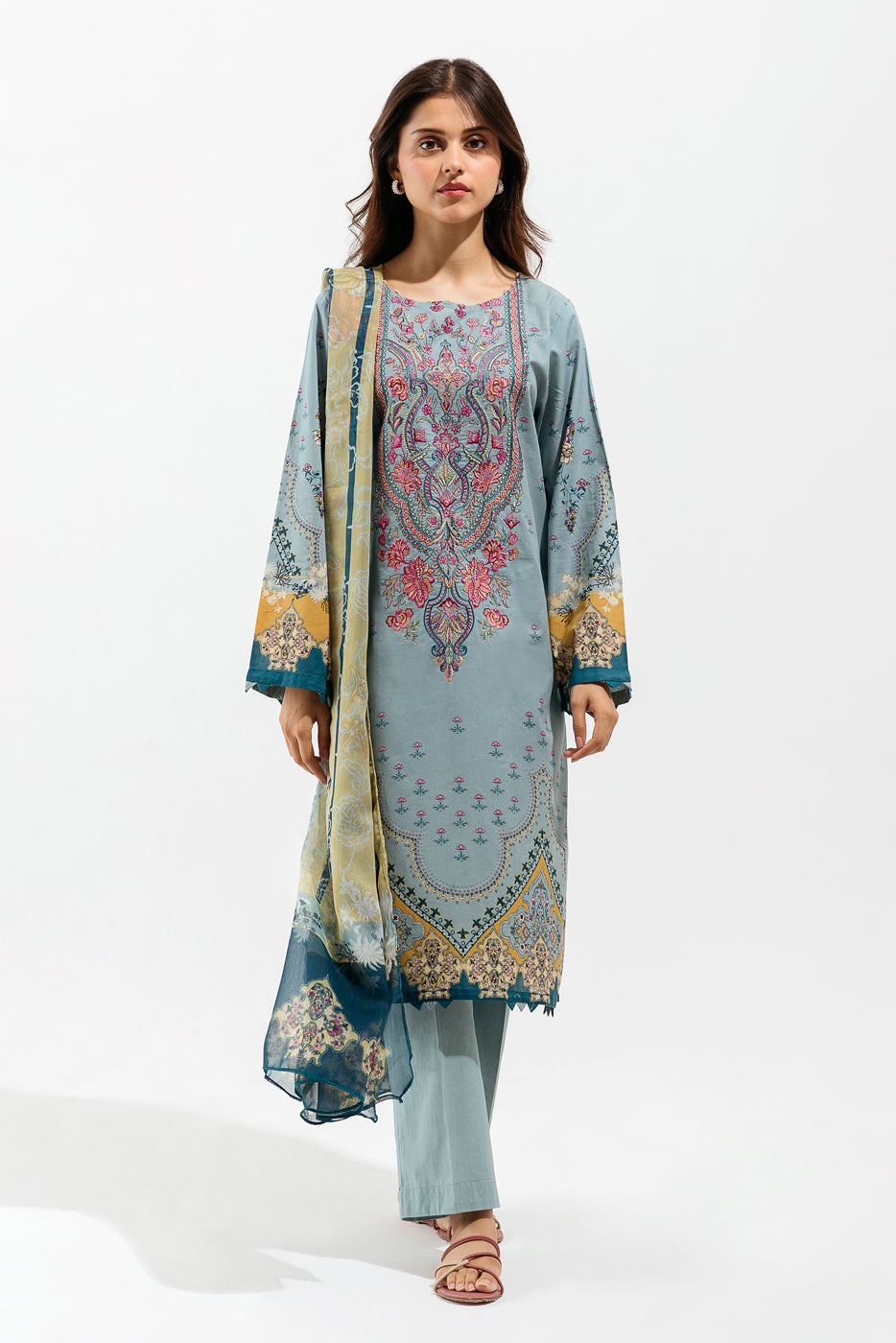 2 Piece - Embroidered Lawn Suit - Cyan Orchid (Unstitched)