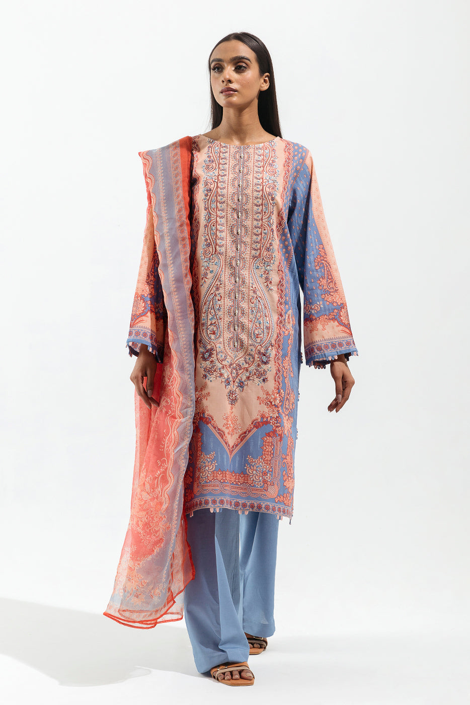 2 Piece - Embroidered Lawn Suit - Cerulean Tangerine (Unstitched)